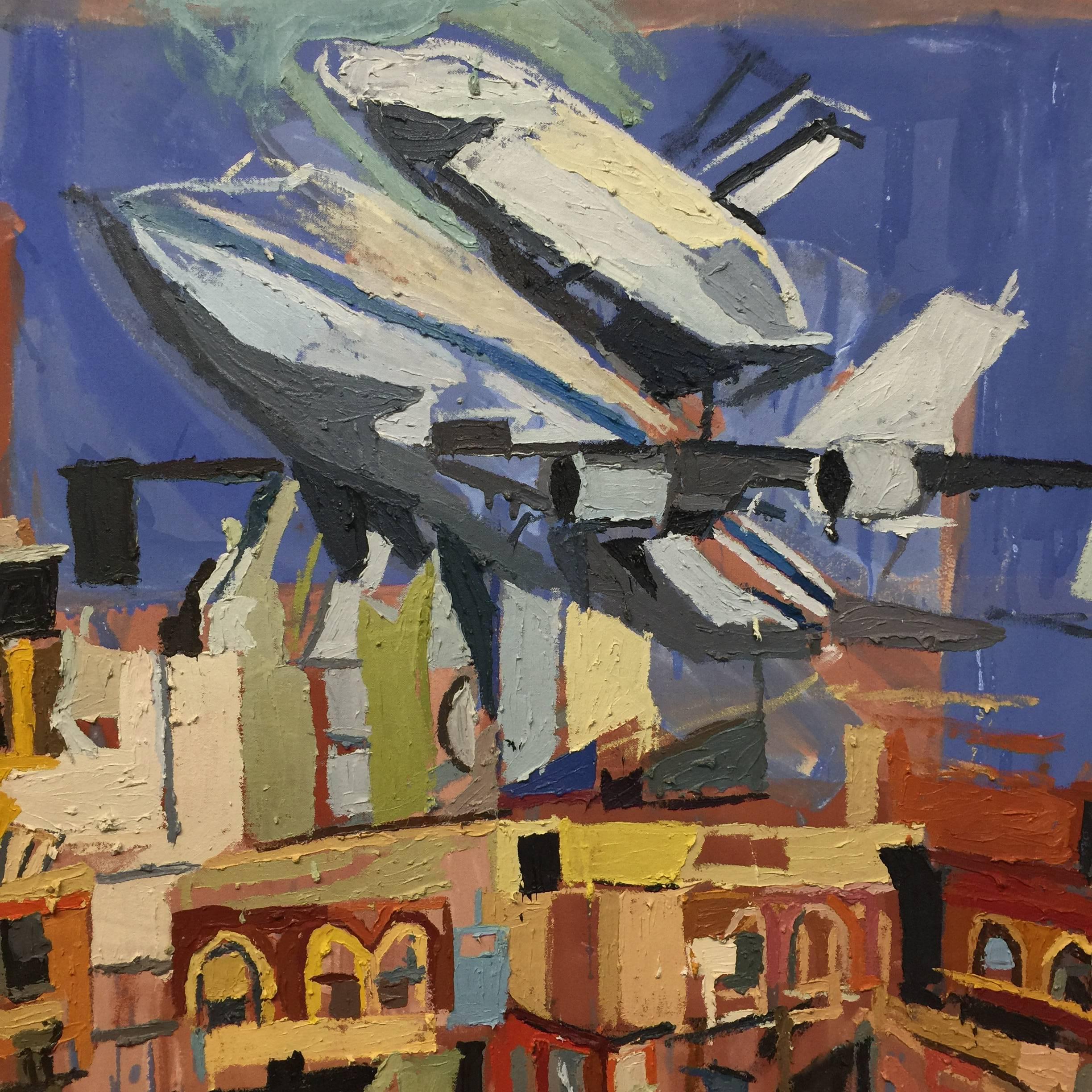 Canvas Space Shuttle over Harlem Oil Painting by New York Artist Clintel Steed, 2012 For Sale