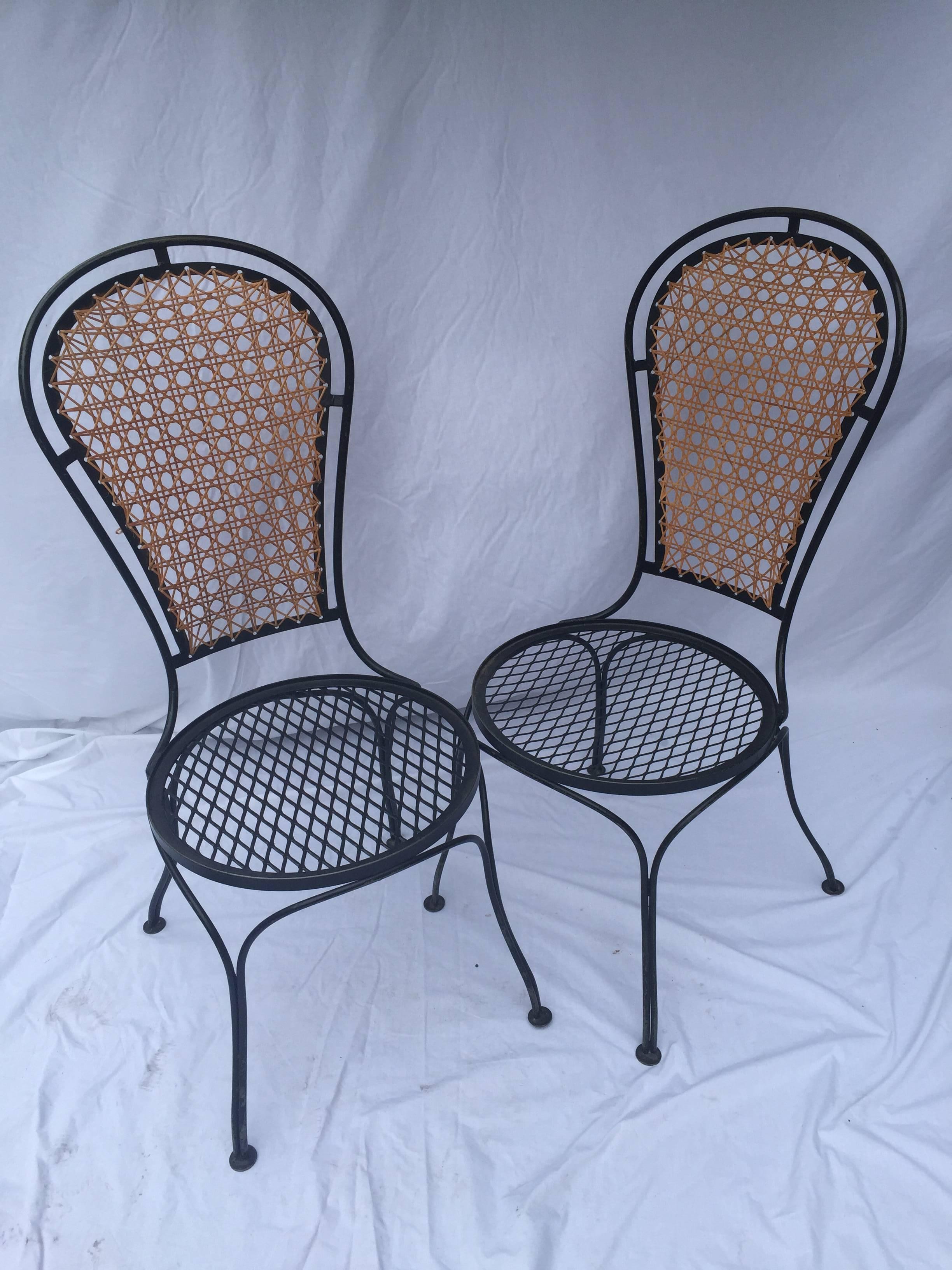 Welded Vintage Pair of Salterini-Esque Iron and Cane High Balloon Back Style Chairs For Sale