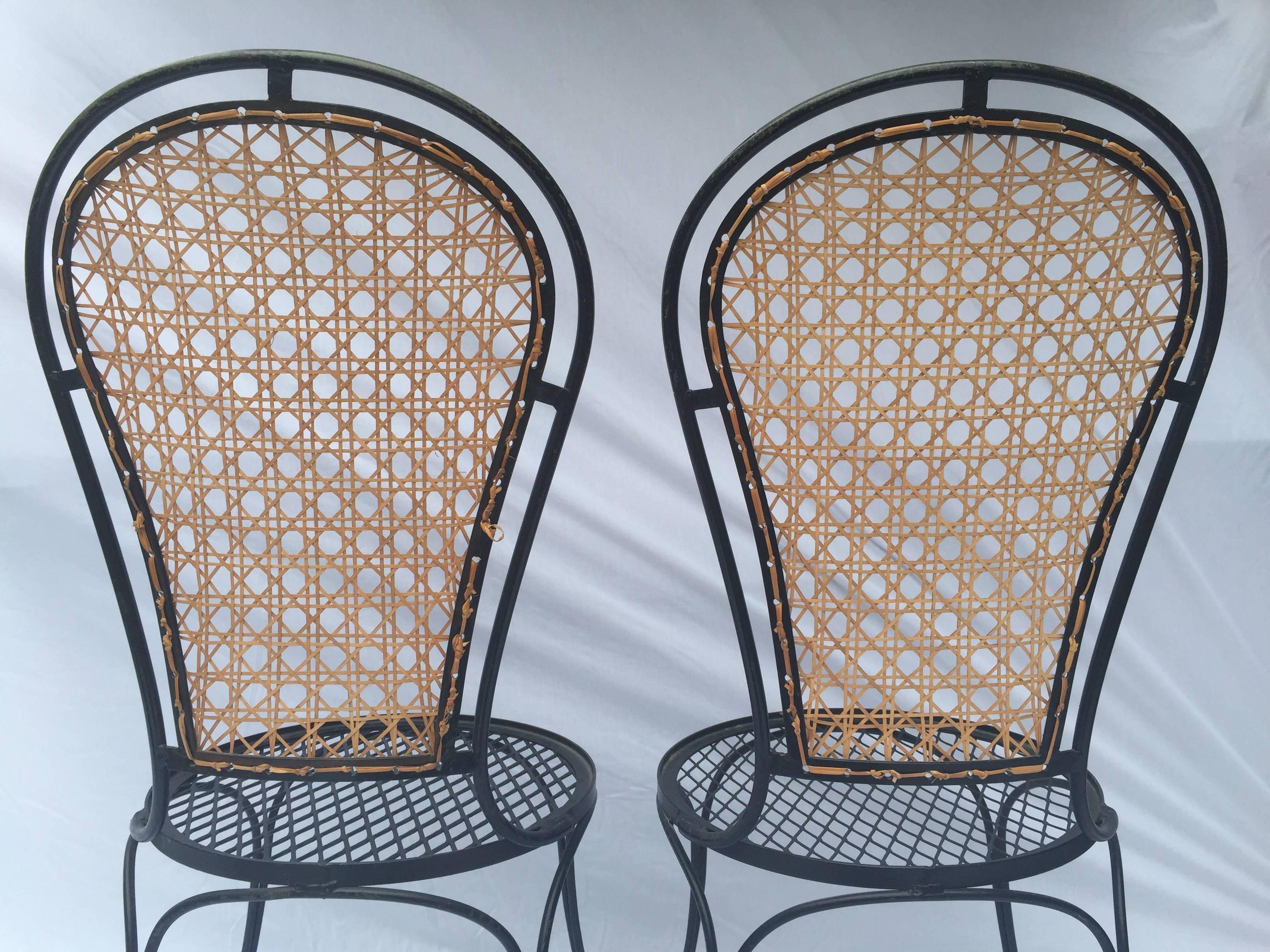 Vintage Pair of Salterini-Esque Iron and Cane High Balloon Back Style Chairs For Sale 1
