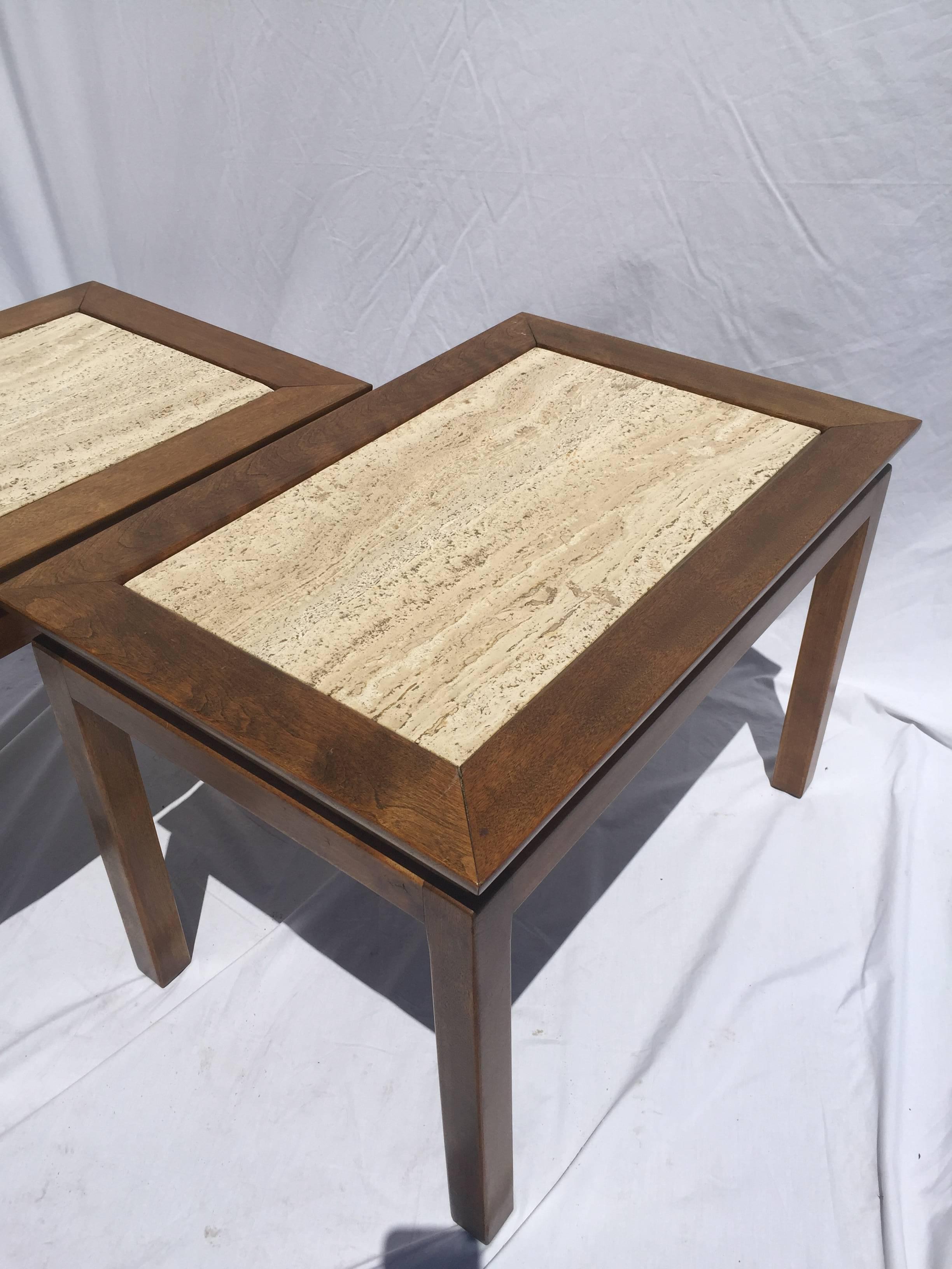 Mid-Century Modern Pair of Mid-Century Travertine Marble and Wood Cal Mode Monteverdi Young Tables