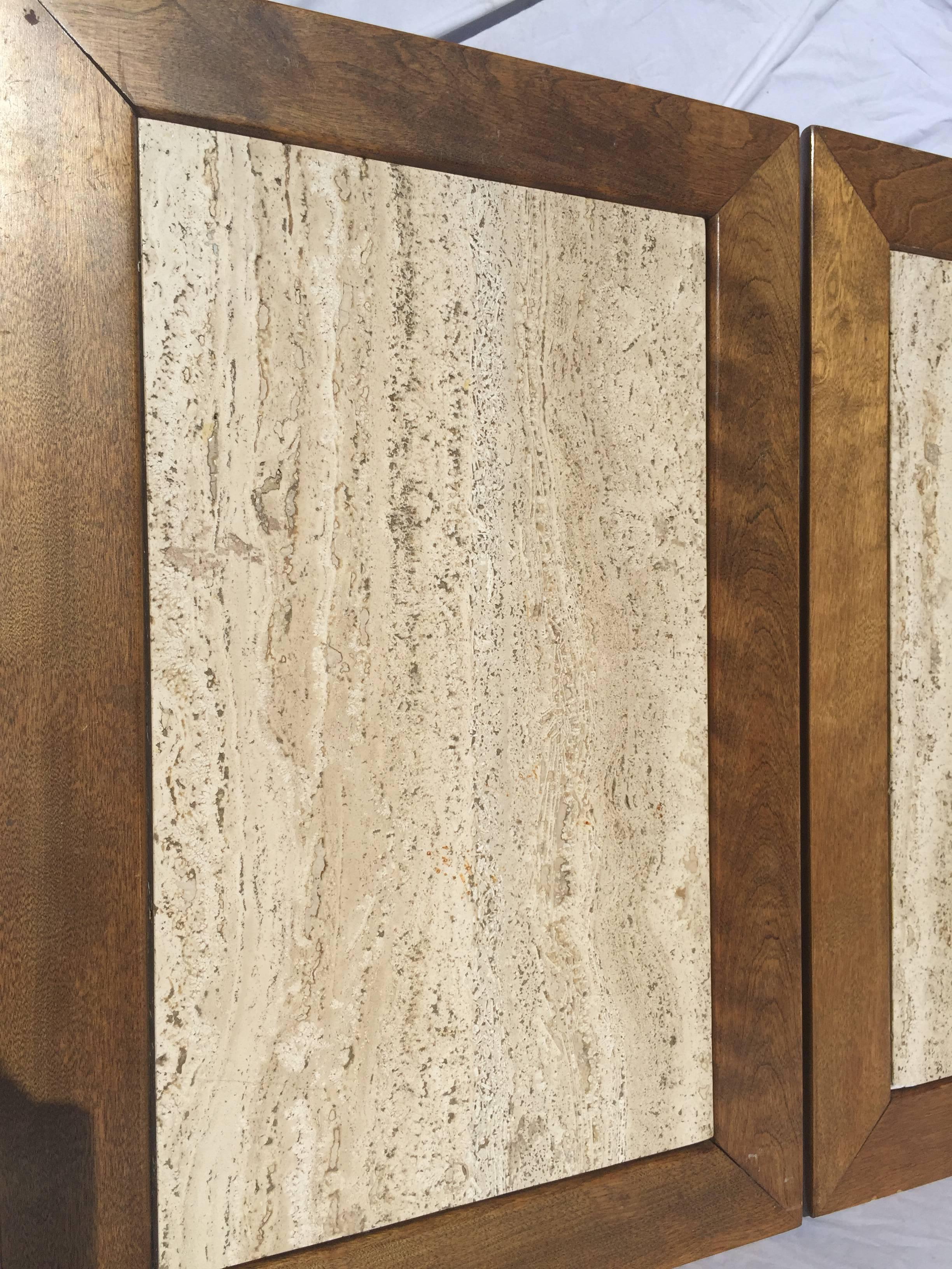 Pair of Mid-Century Travertine Marble and Wood Cal Mode Monteverdi Young Tables 1