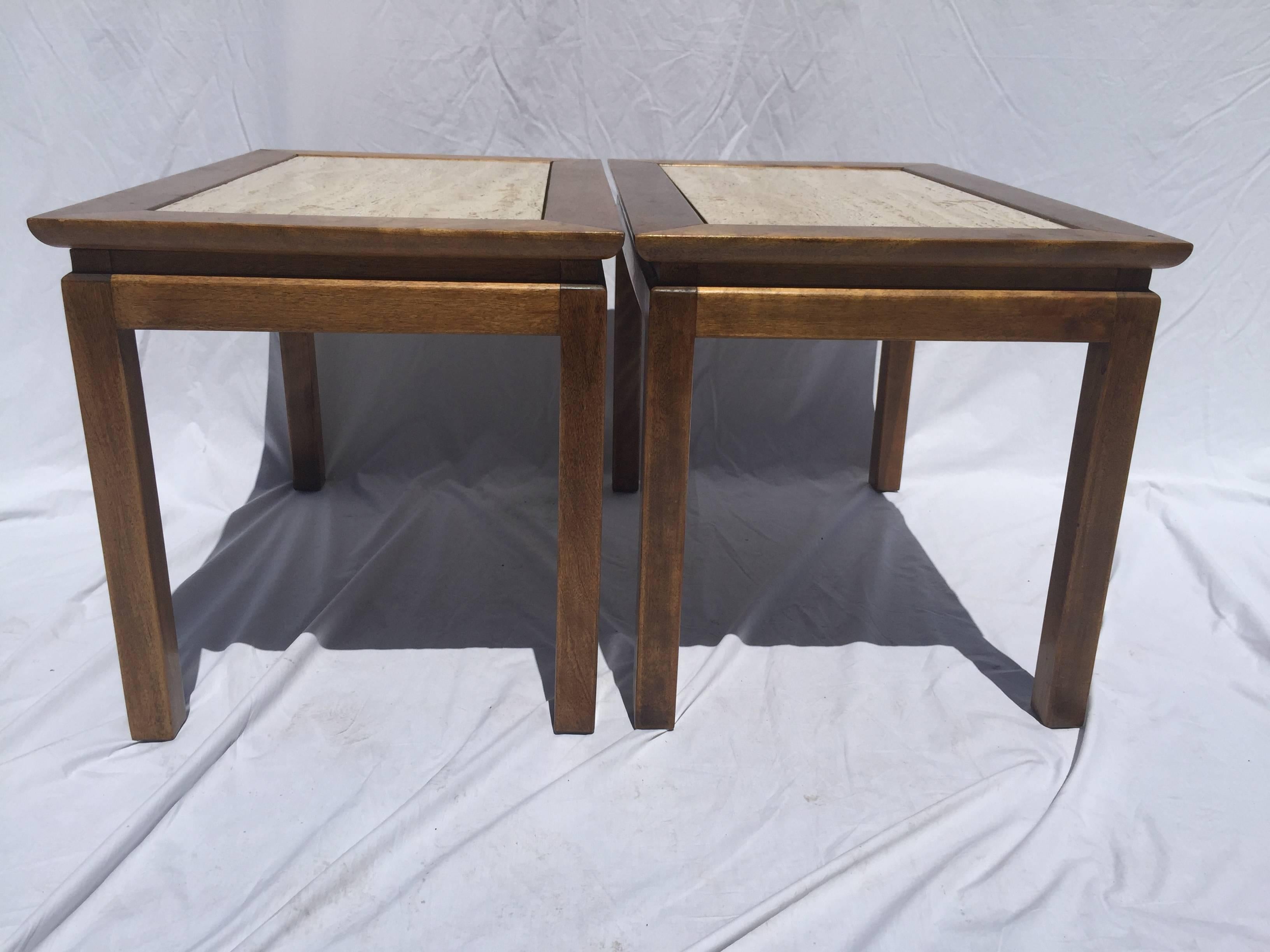 American Pair of Mid-Century Travertine Marble and Wood Cal Mode Monteverdi Young Tables