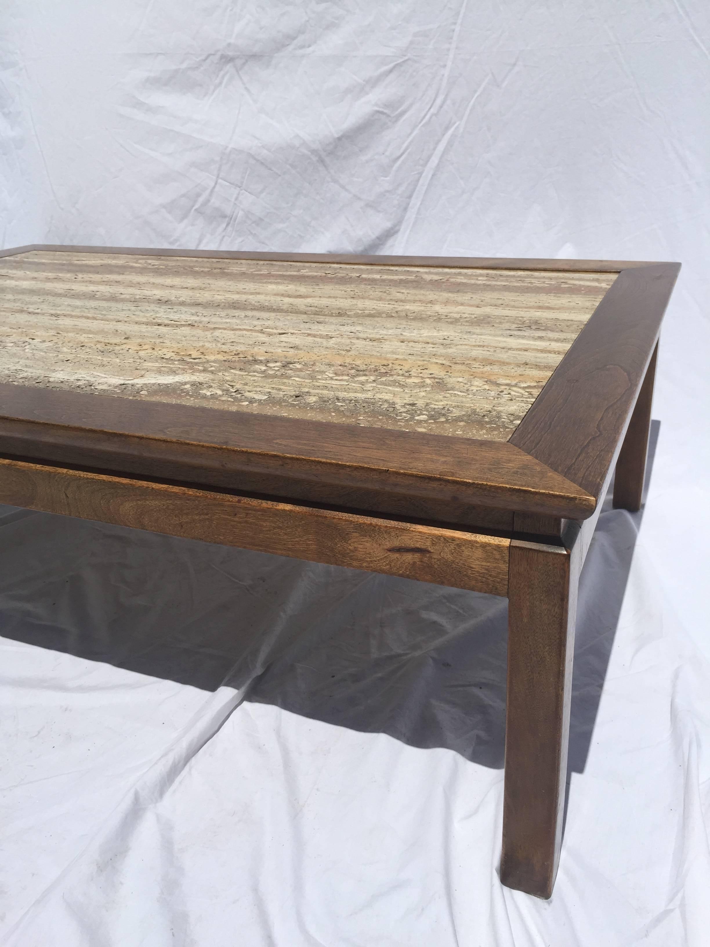 Mid-Century Modern Mid-Century Cal Mode/Monteverdi Young Travertine Marble and Wood Coffee Table