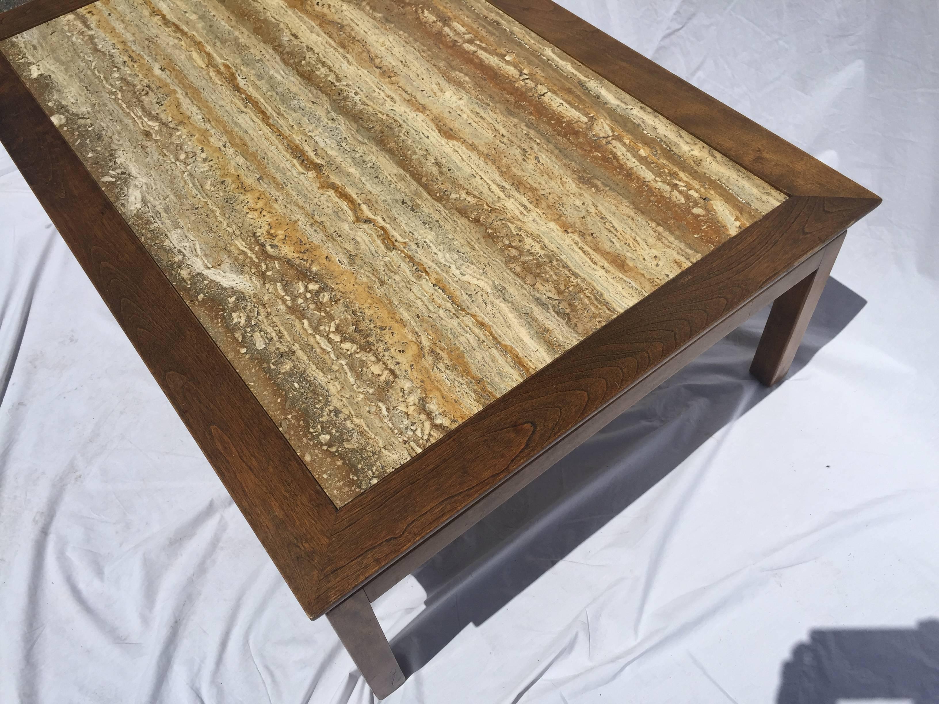 20th Century Mid-Century Cal Mode/Monteverdi Young Travertine Marble and Wood Coffee Table
