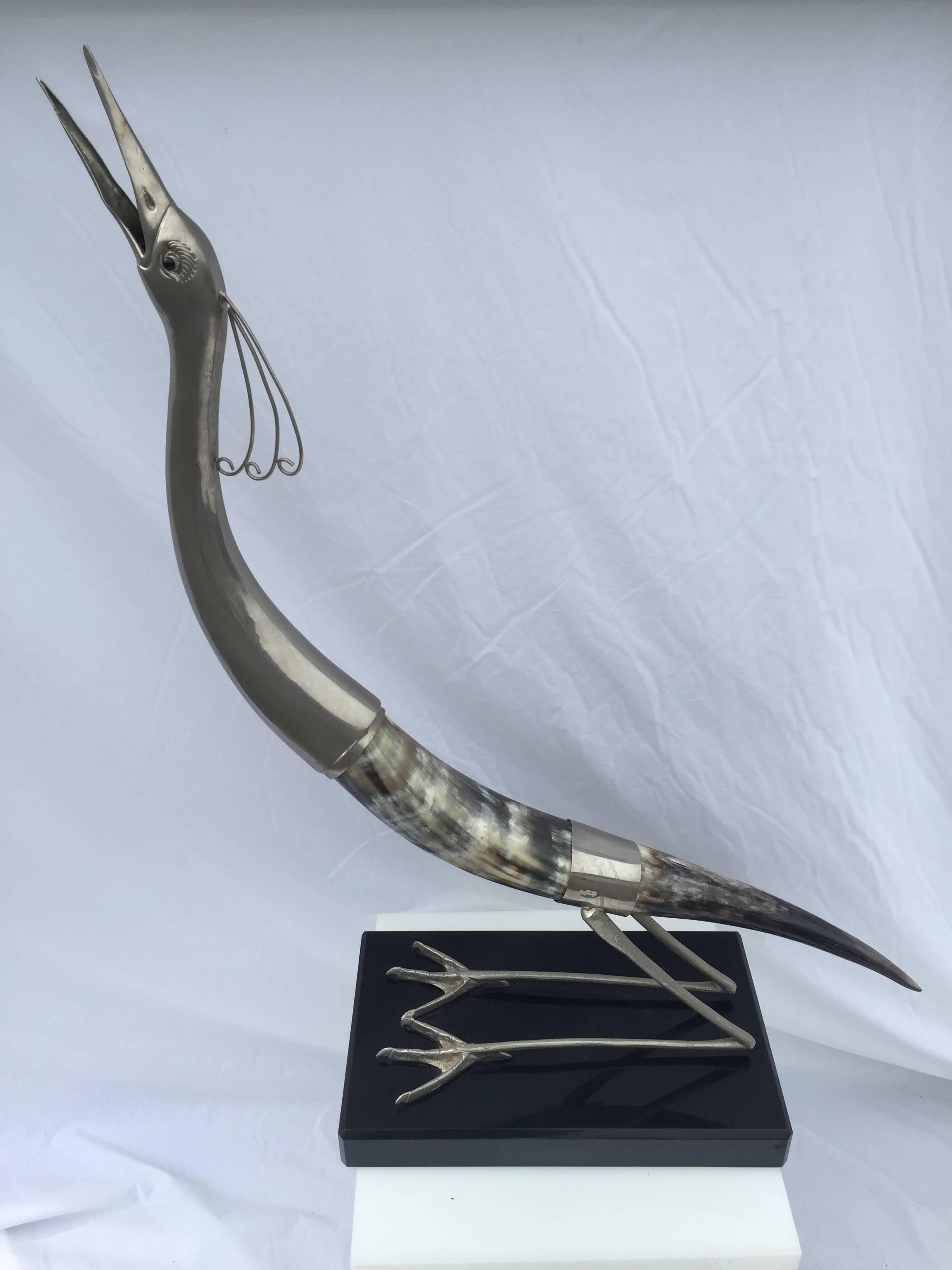 Sculptural Pair of Horn and Silvered Brass Birds Mounted on Black Acrylic Bases For Sale 2