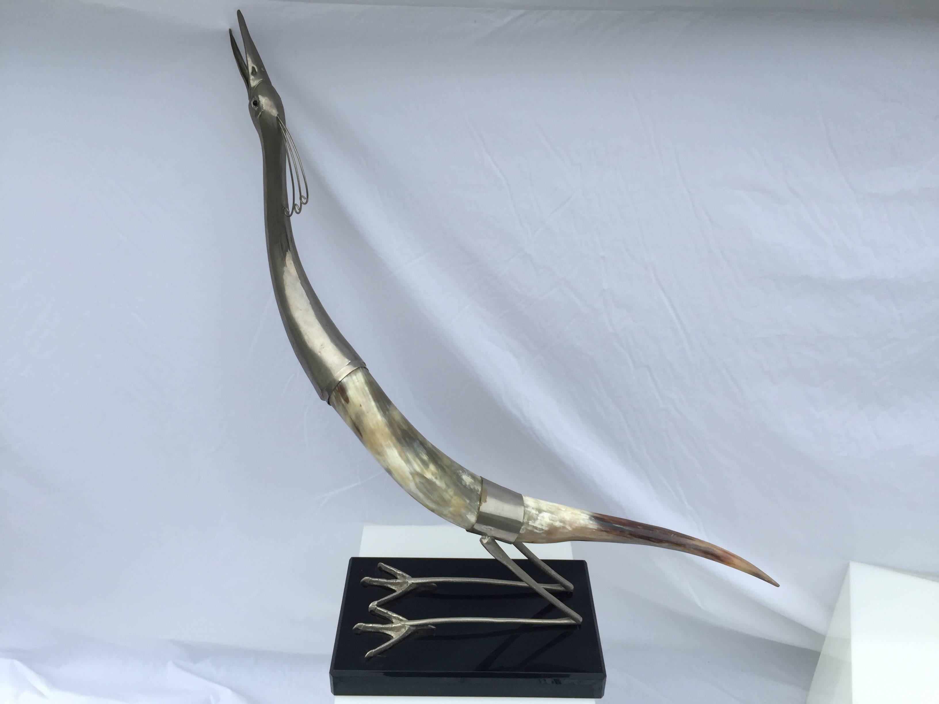 Sculptural Pair of Horn and Silvered Brass Birds Mounted on Black Acrylic Bases In Good Condition For Sale In New York, NY