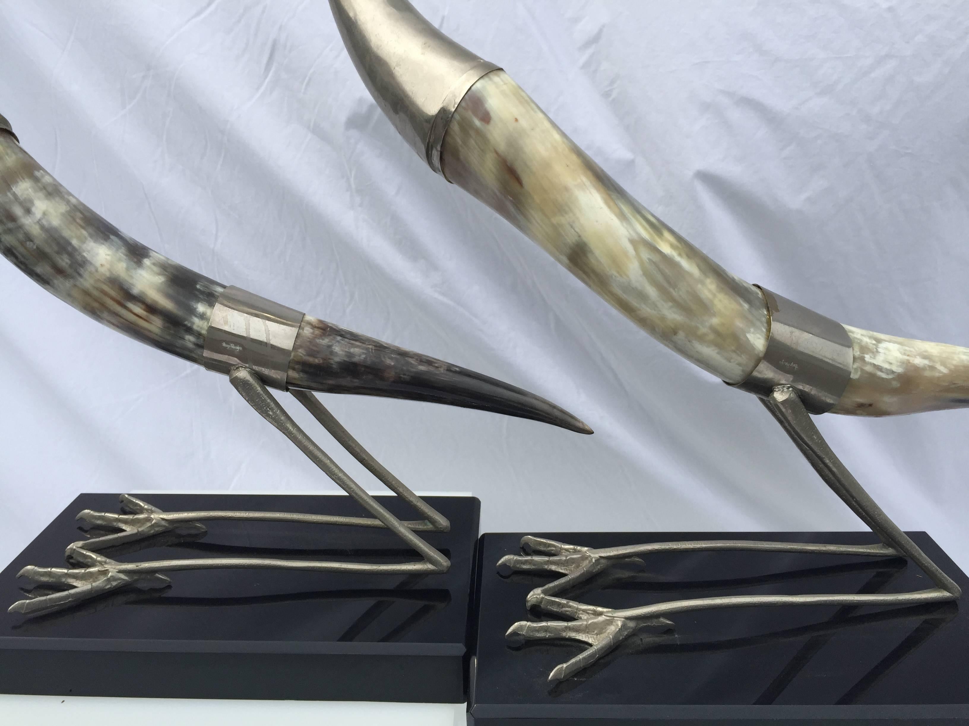 Sculptural Pair of Horn and Silvered Brass Birds Mounted on Black Acrylic Bases For Sale 6