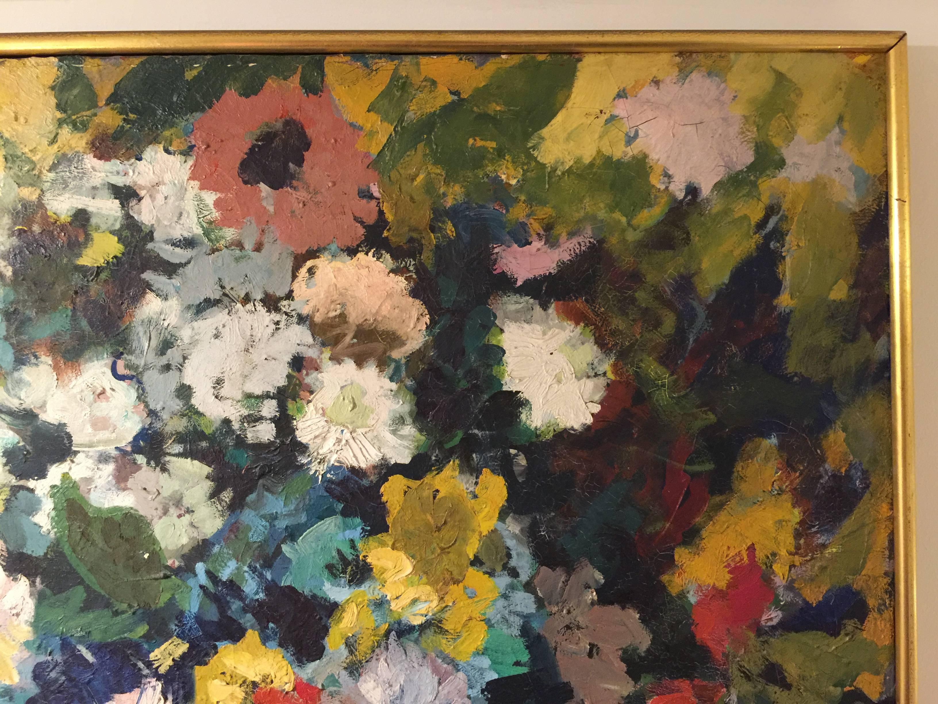American Mid-Century Impressionist Style Large Floral Still Life Oil Painting on Canvas