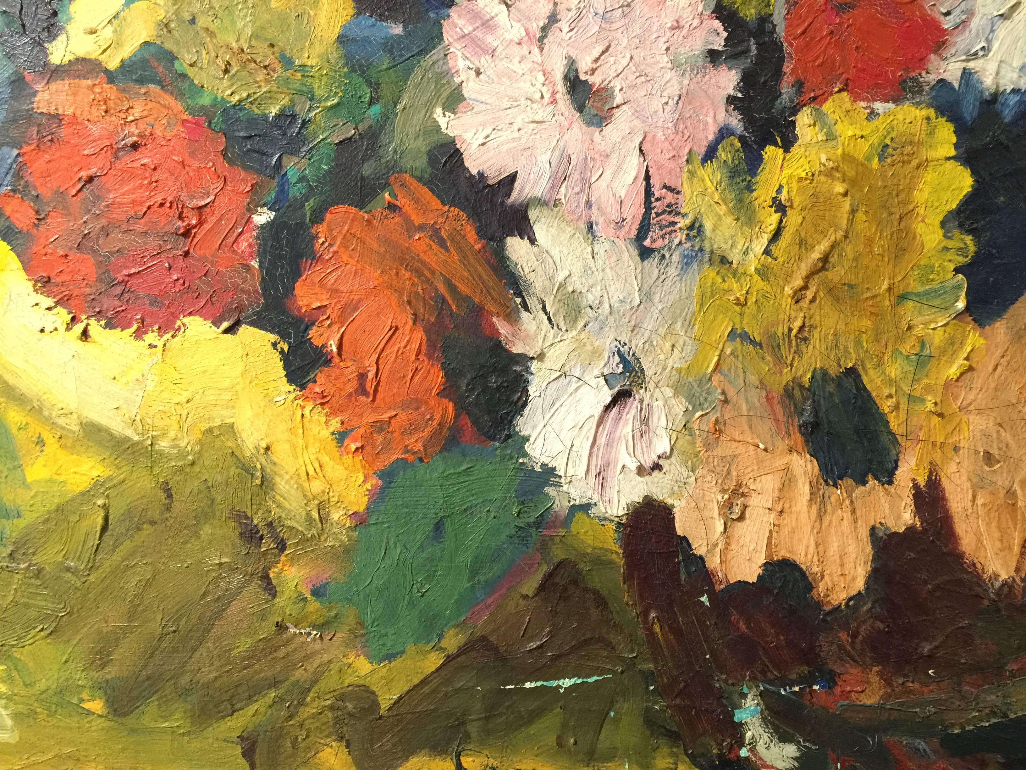 20th Century Mid-Century Impressionist Style Large Floral Still Life Oil Painting on Canvas