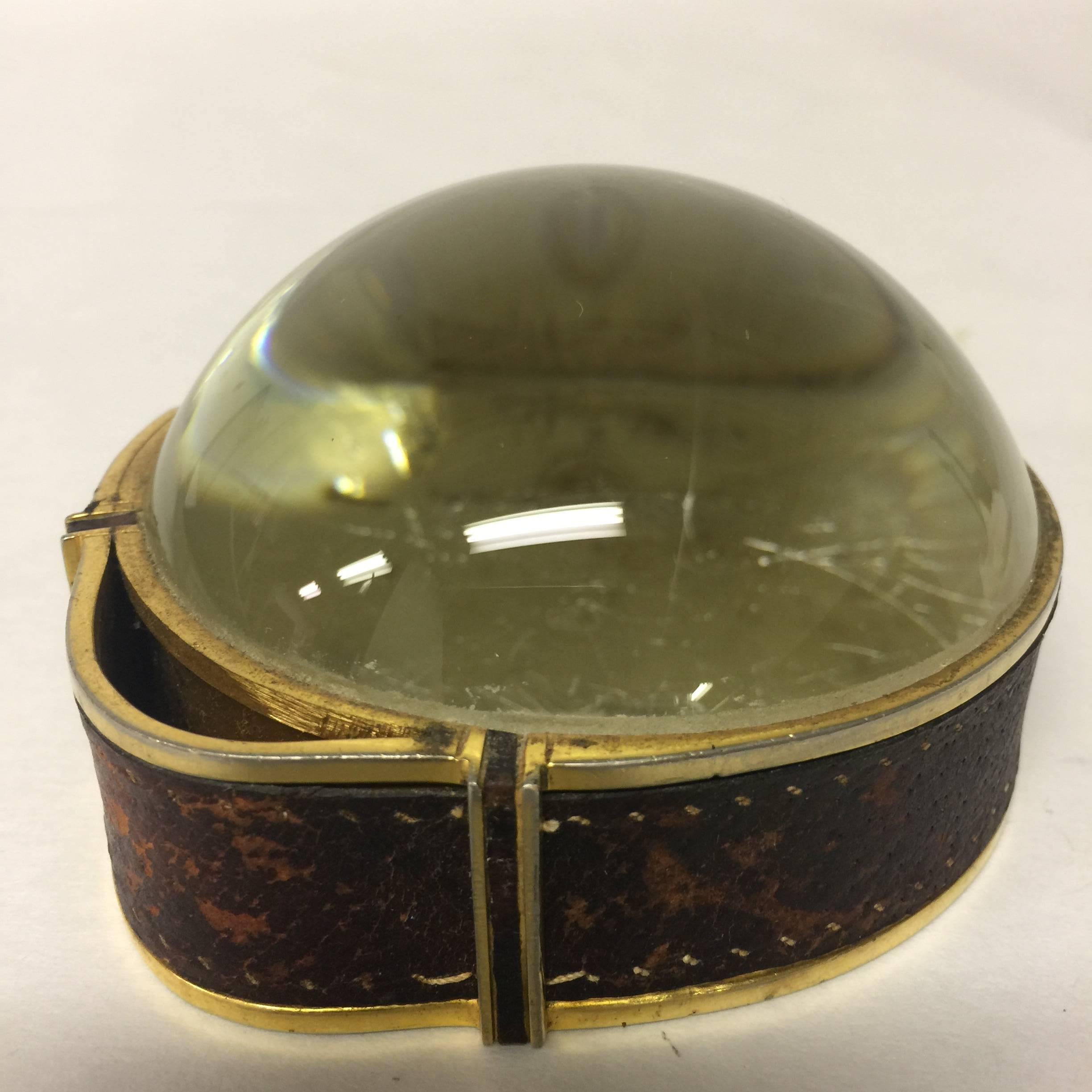 Vintage Italian Leather Brass and Domed Glass Desk Accessory Tabletop Magnifier  4