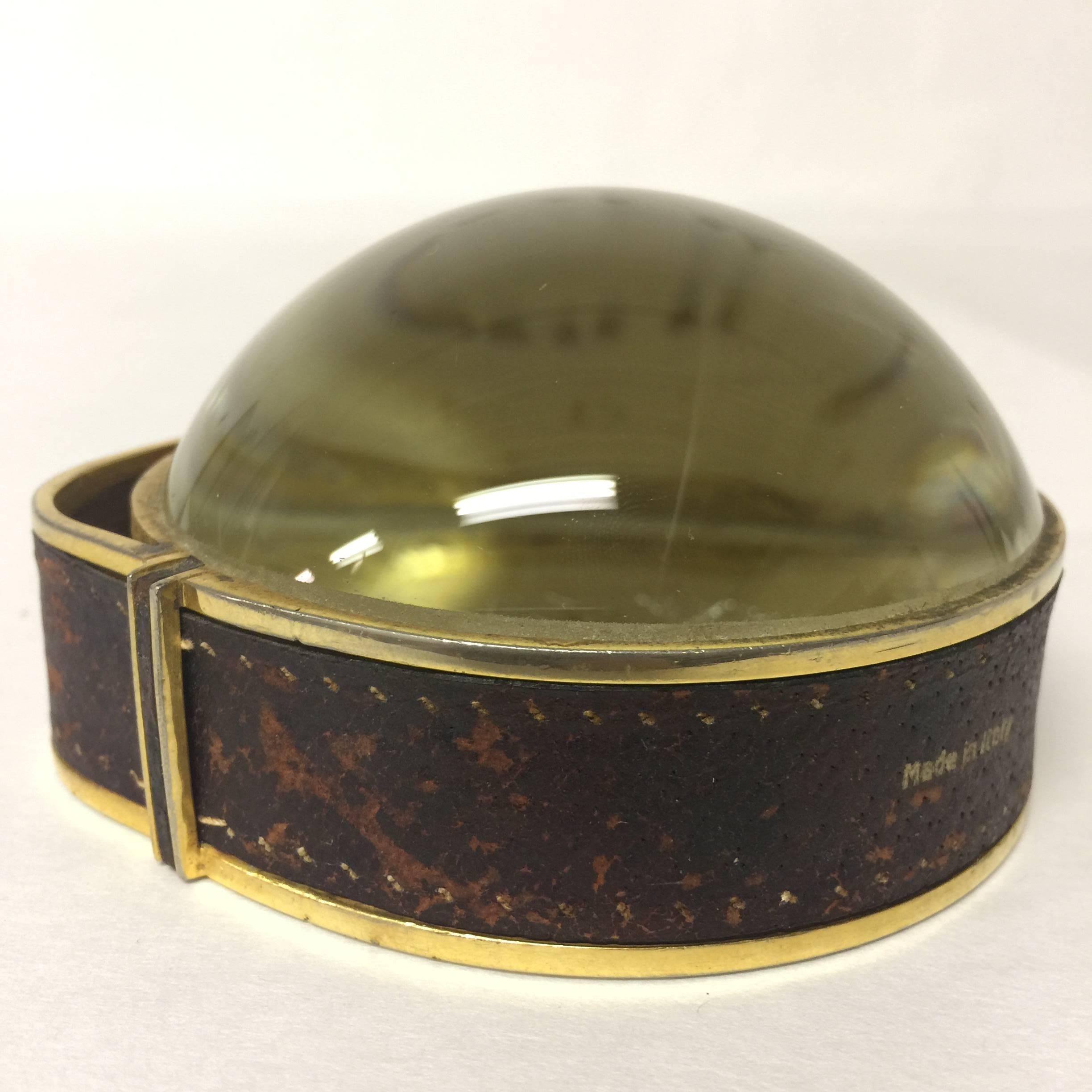 Vintage Italian Leather Brass and Domed Glass Desk Accessory Tabletop Magnifier  5