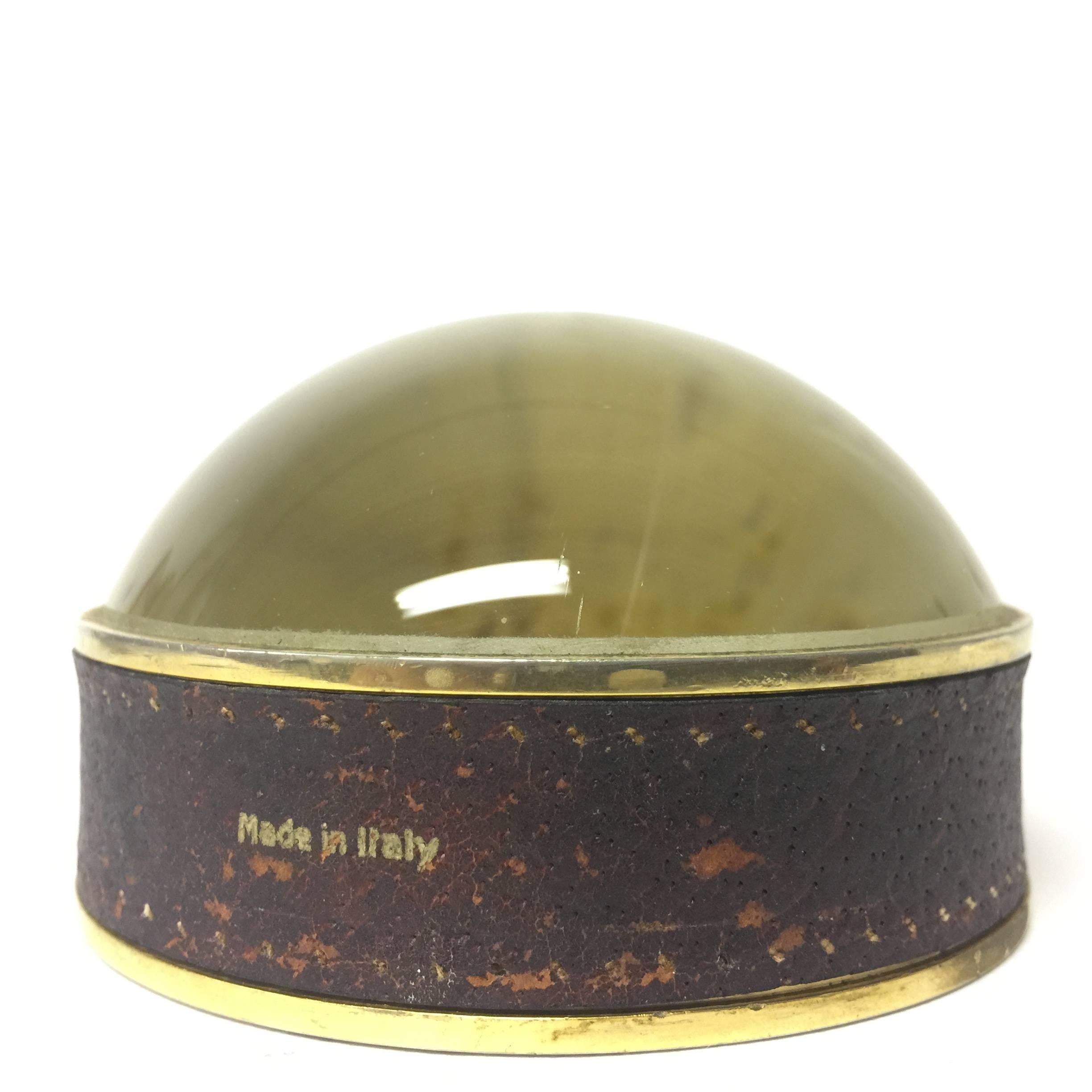 20th Century Vintage Italian Leather Brass and Domed Glass Desk Accessory Tabletop Magnifier 