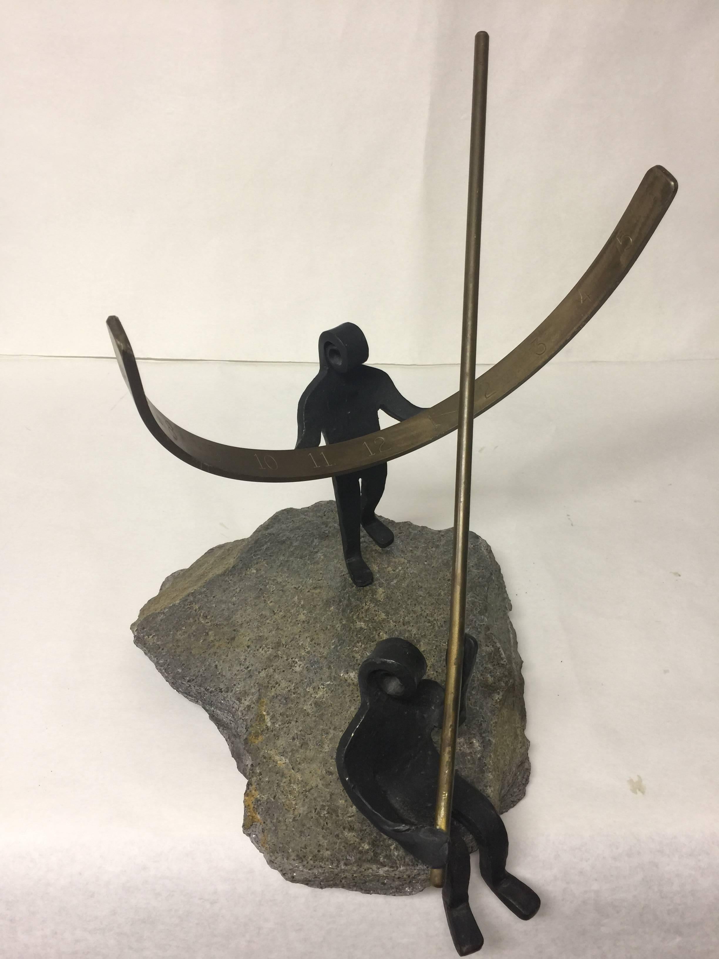 Vintage Modernist Style Wrought Iron Brass and Stone Figural Polar Sundial In Good Condition For Sale In New York, NY