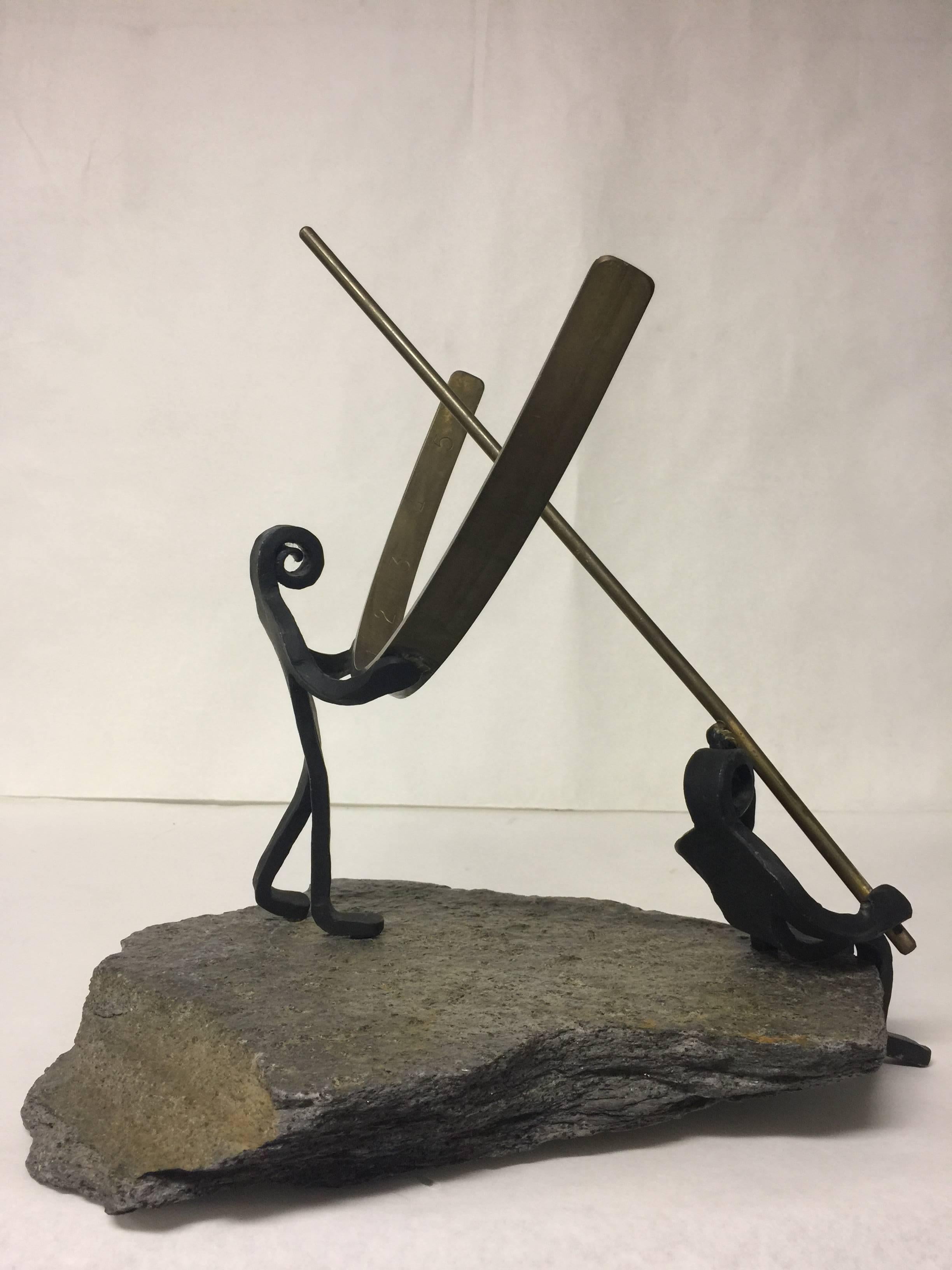 20th Century Vintage Modernist Style Wrought Iron Brass and Stone Figural Polar Sundial For Sale