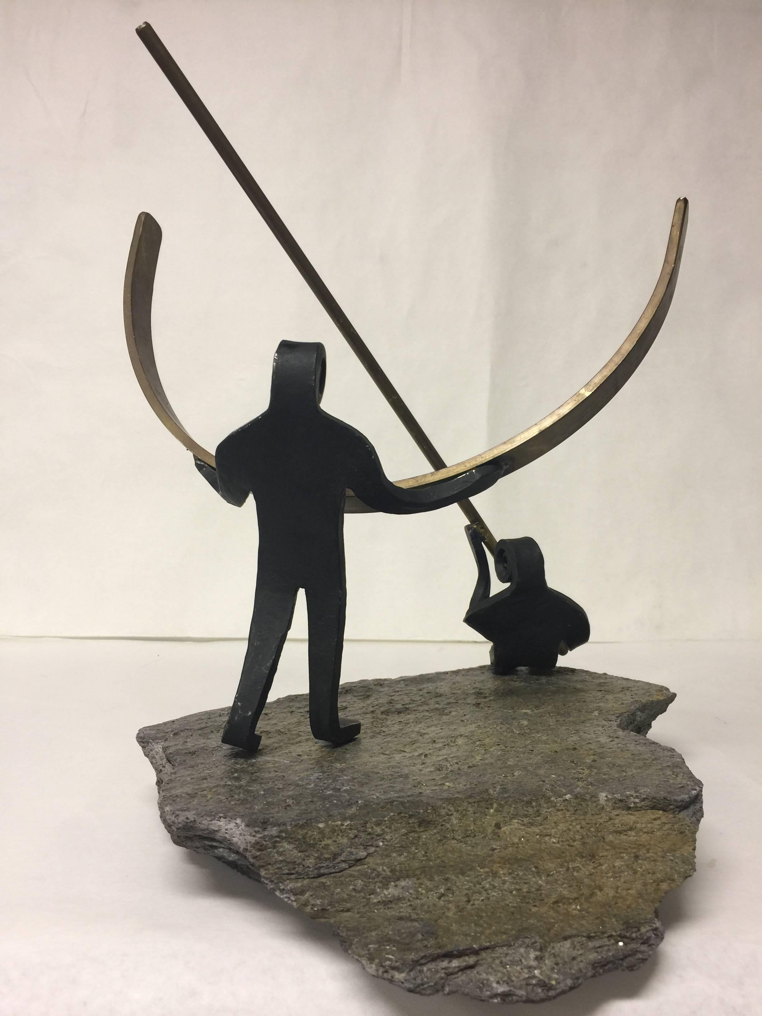 Vintage Modernist Style Wrought Iron Brass and Stone Figural Polar Sundial For Sale 1