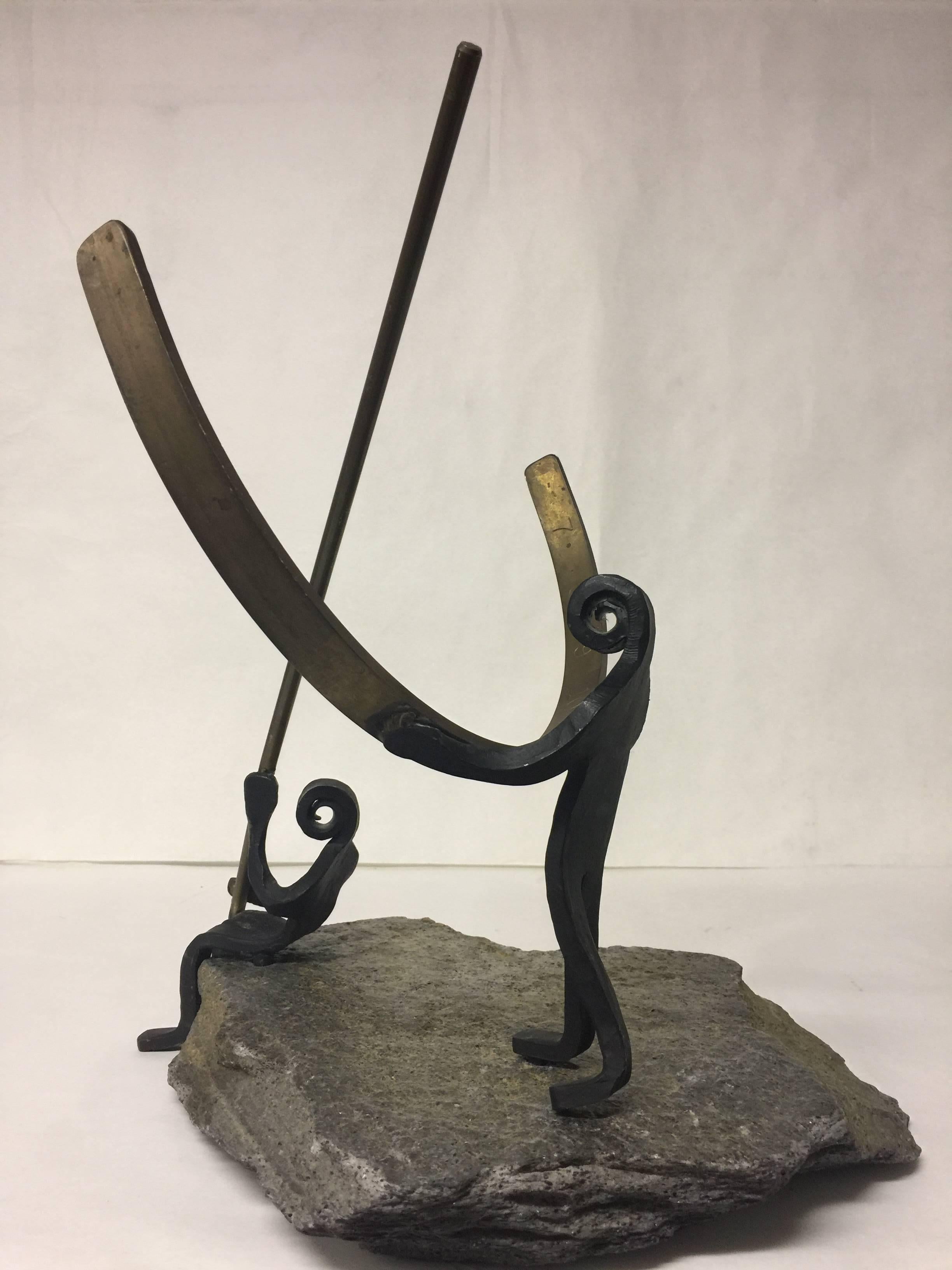 Vintage Modernist Style Wrought Iron Brass and Stone Figural Polar Sundial For Sale 2