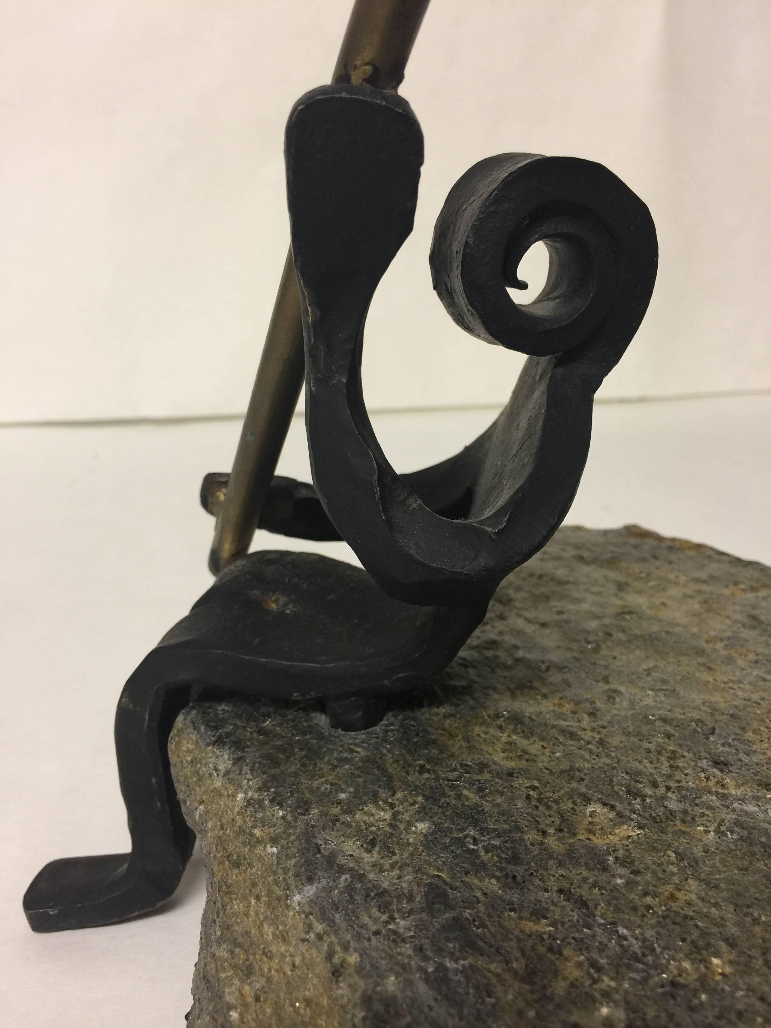 Vintage Modernist Style Wrought Iron Brass and Stone Figural Polar Sundial For Sale 3