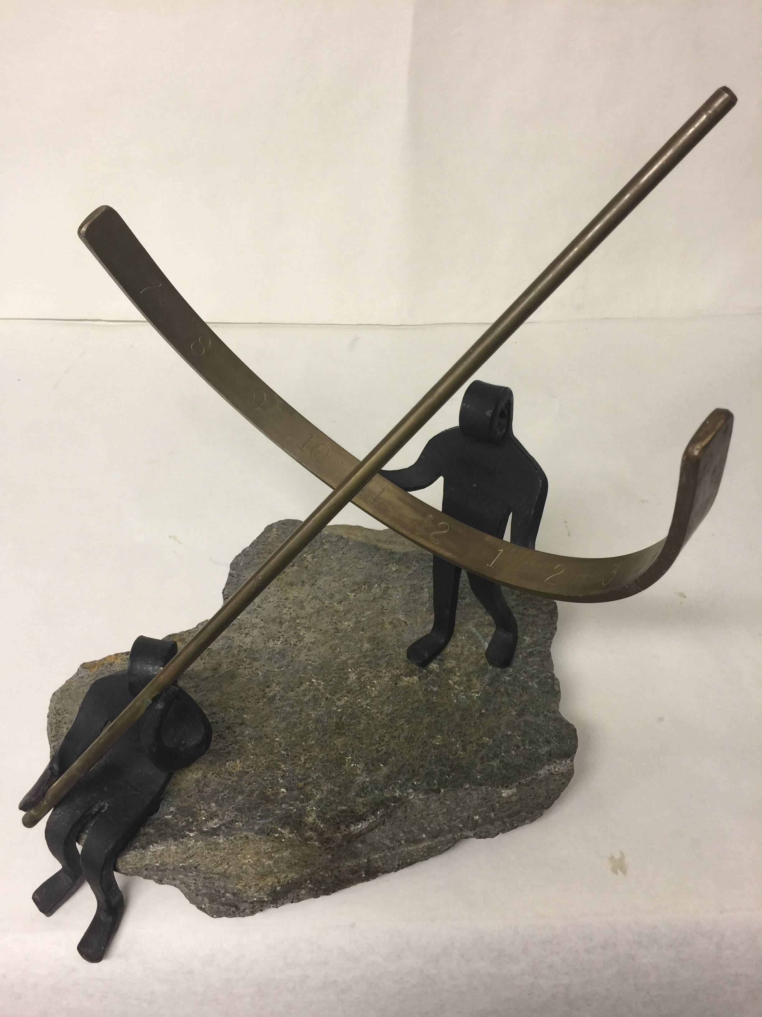 Vintage Modernist Style Wrought Iron Brass and Stone Figural Polar Sundial For Sale 5