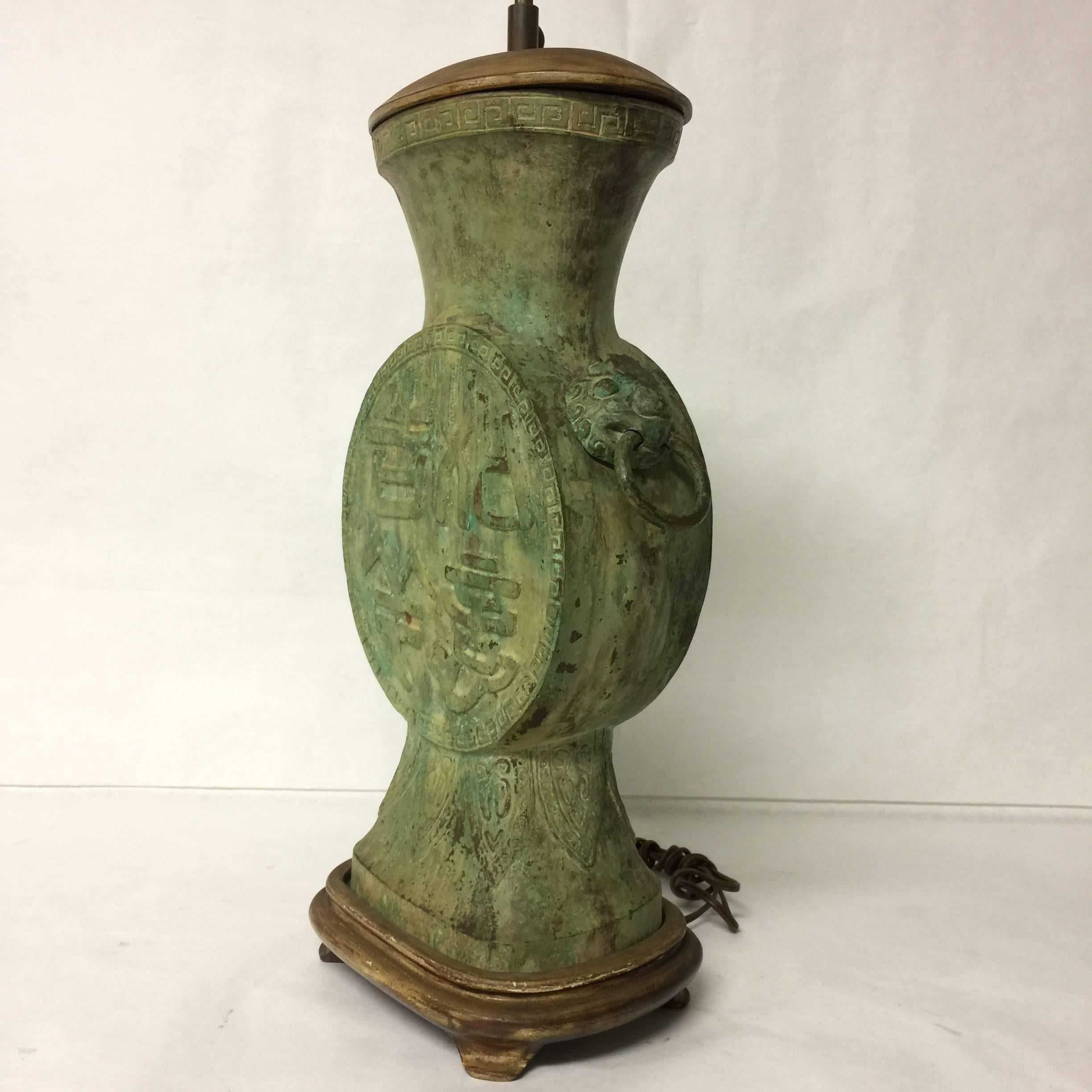 Vintage Antique Asian Style Bronze Table Lamp with Lion Heads For Sale 3