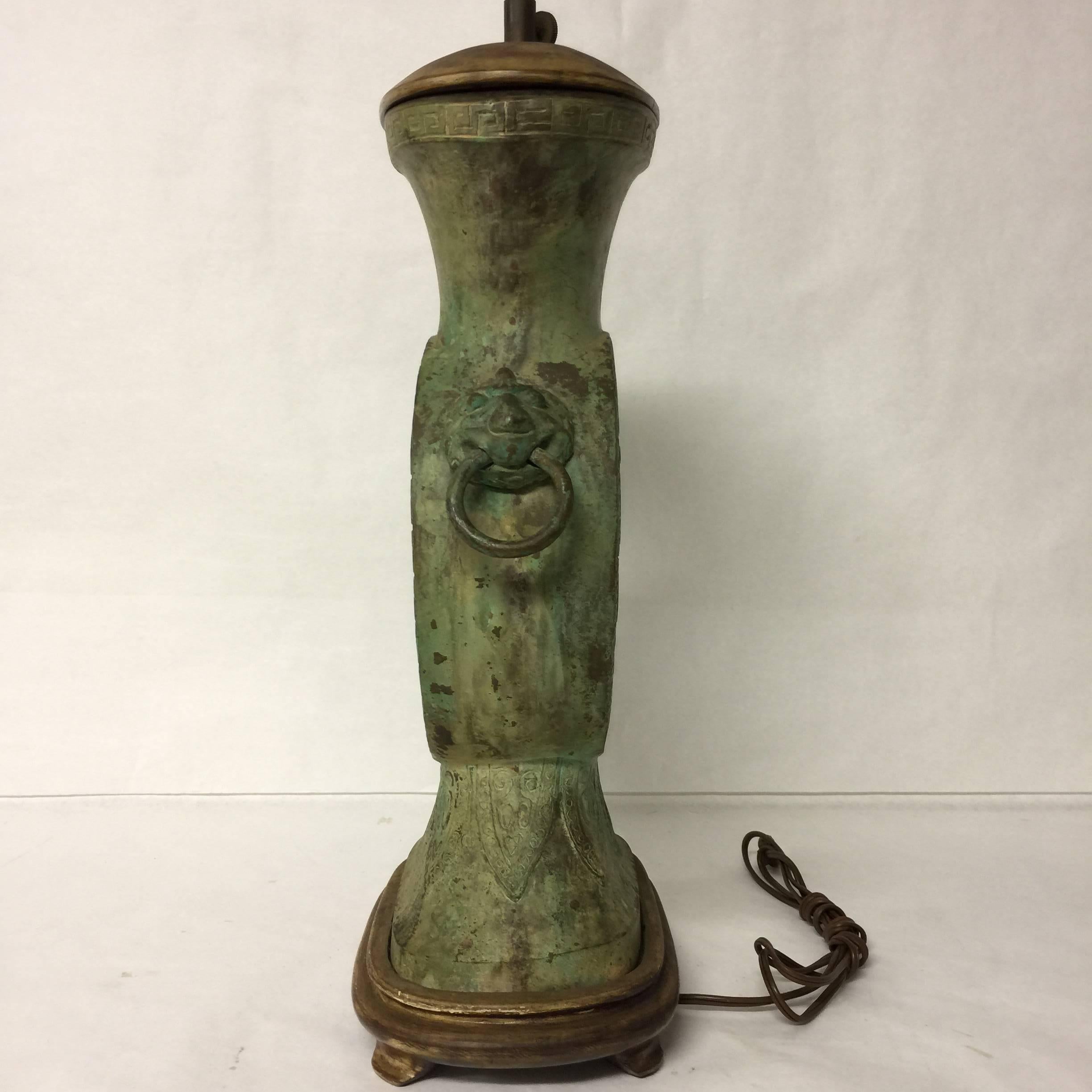Vintage Antique Asian Style Bronze Table Lamp with Lion Heads For Sale 2
