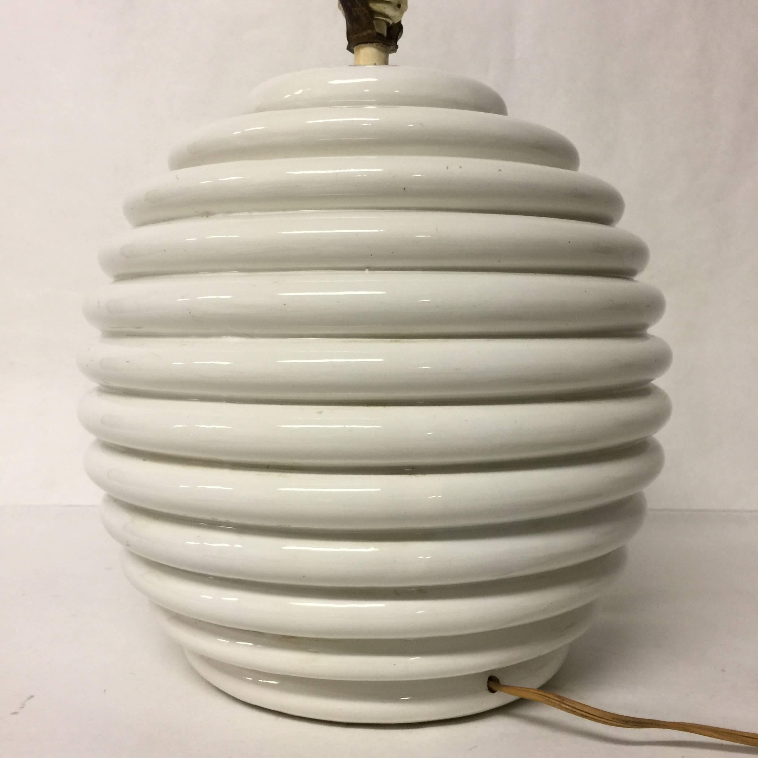 Vintage Italian Round Ceramic Table Lamp with Ribbed Design 1