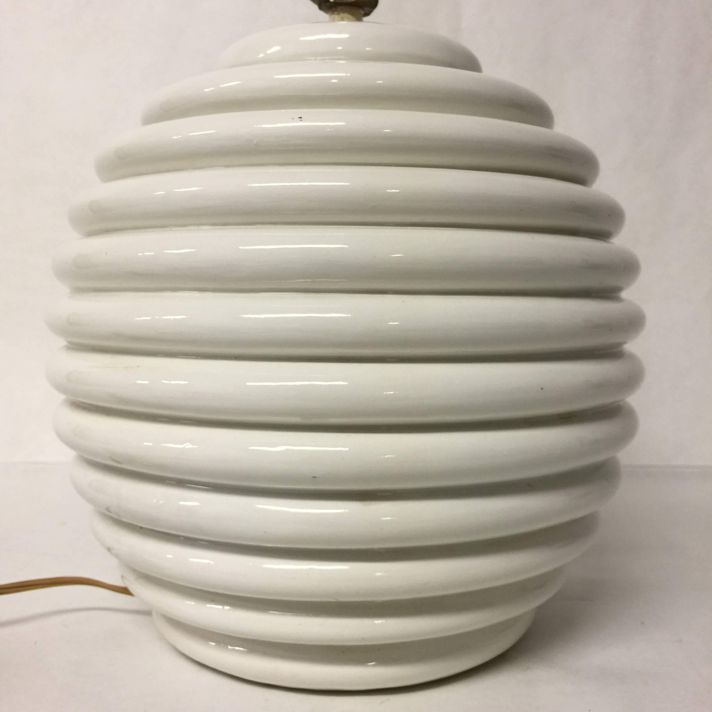 Vintage Italian Round Ceramic Table Lamp with Ribbed Design 2