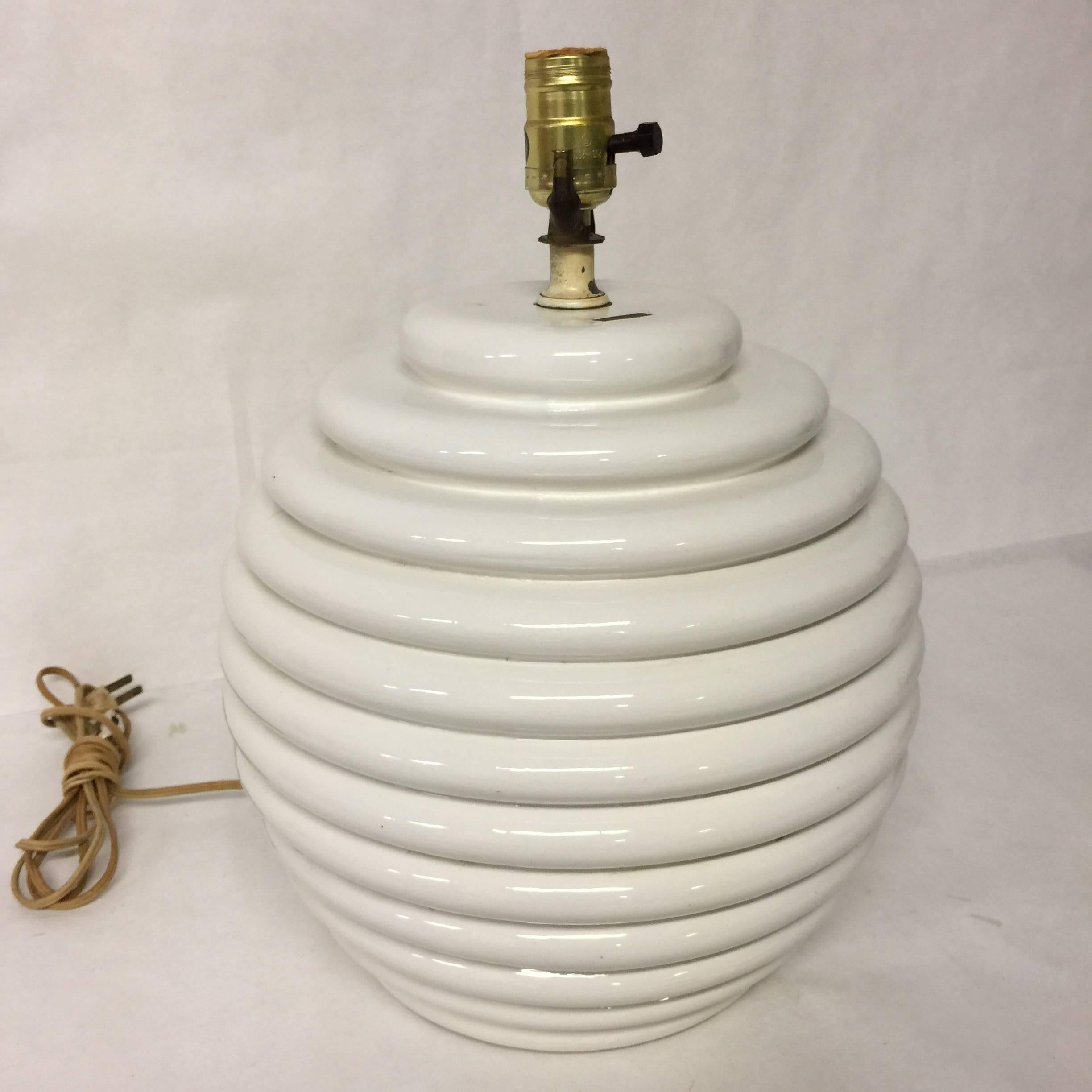 Vintage Italian Round Ceramic Table Lamp with Ribbed Design 4