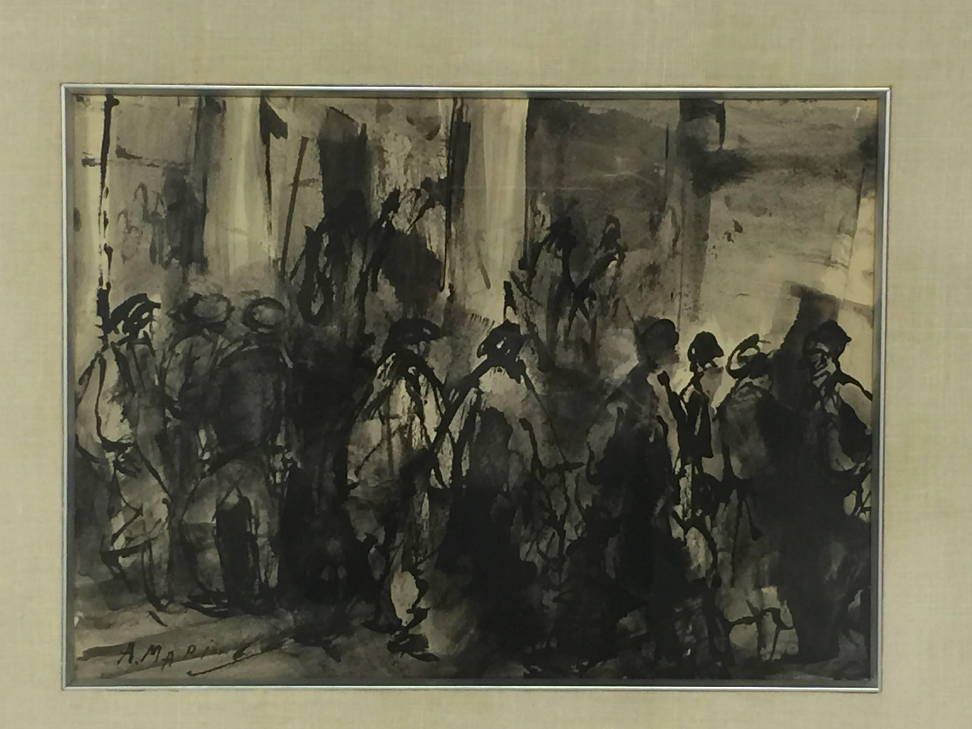 A watercolor work on paper depicting a crowded city sidewalk done in shades of grey and black. Signed indistinctly. The sight size of the painting is 12.63