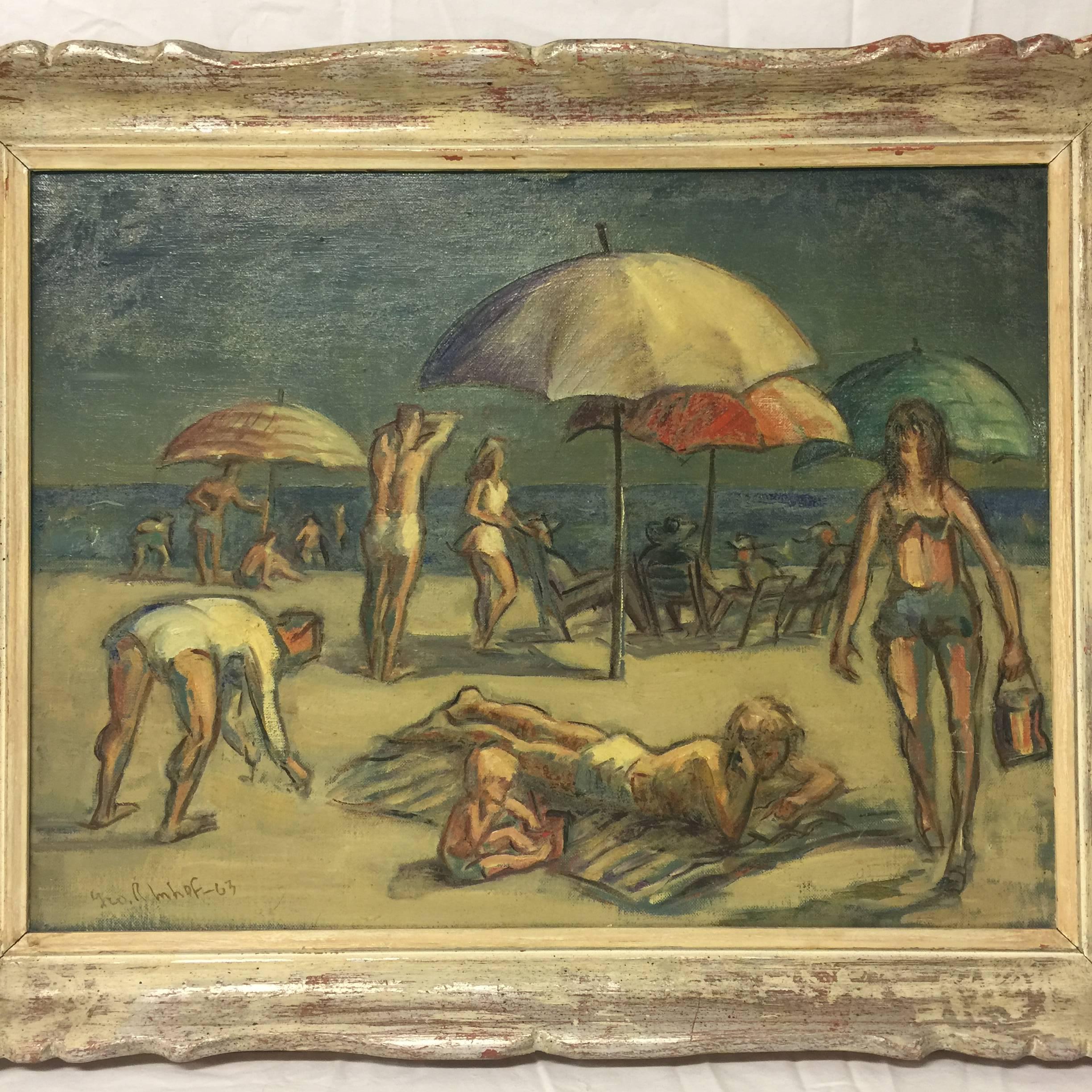 Beach scene painting done in oil paint on canvas depicting a Mid-Century modern scene of beachgoers at a New Jersey beach. Signed and dated Imhof, 1963. In the original period paint decorated picture frame. The sight size of the canvas is 23.5