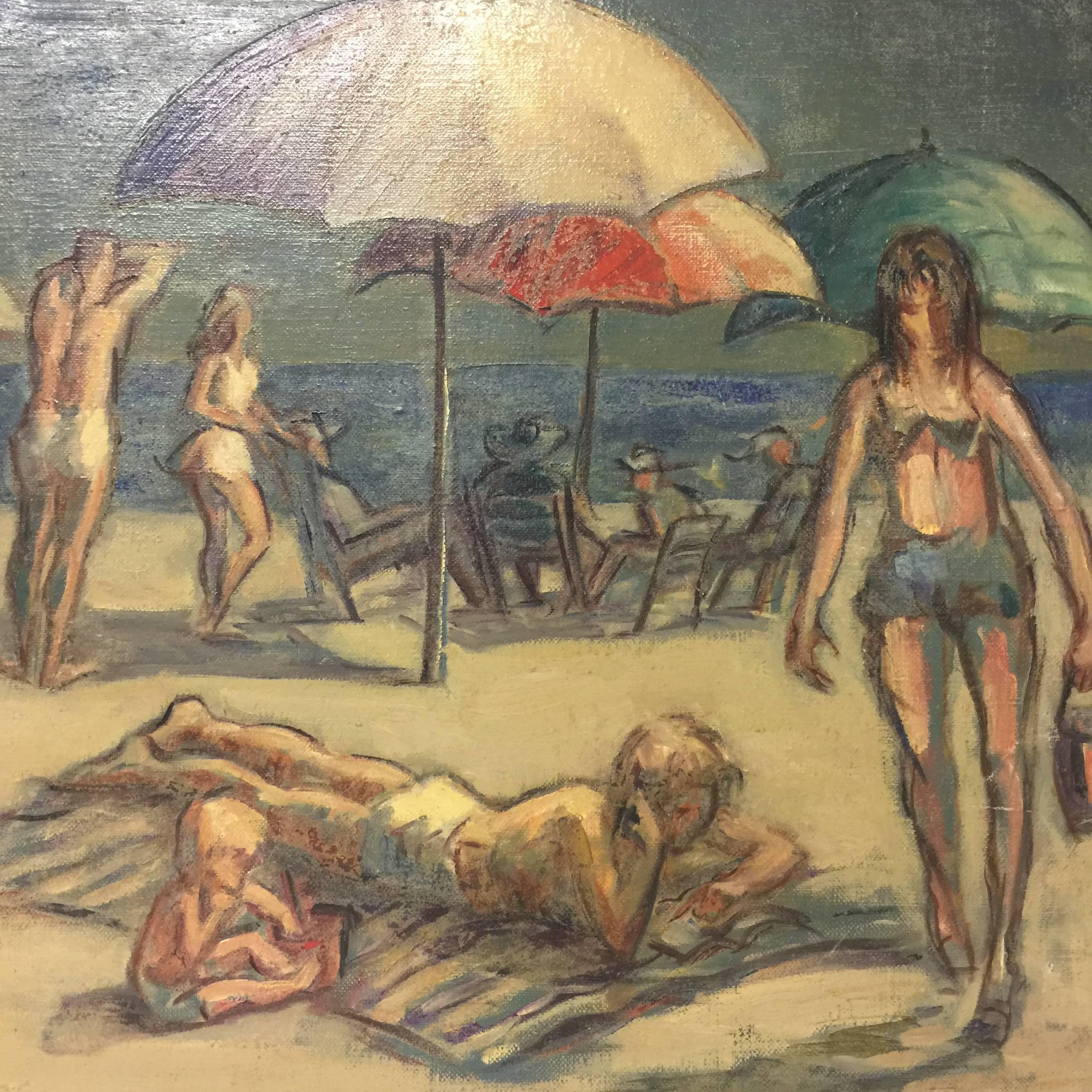 American New Jersey Beach Scene Oil on Canvas Painting Signed Imfof, Modern Period Frame