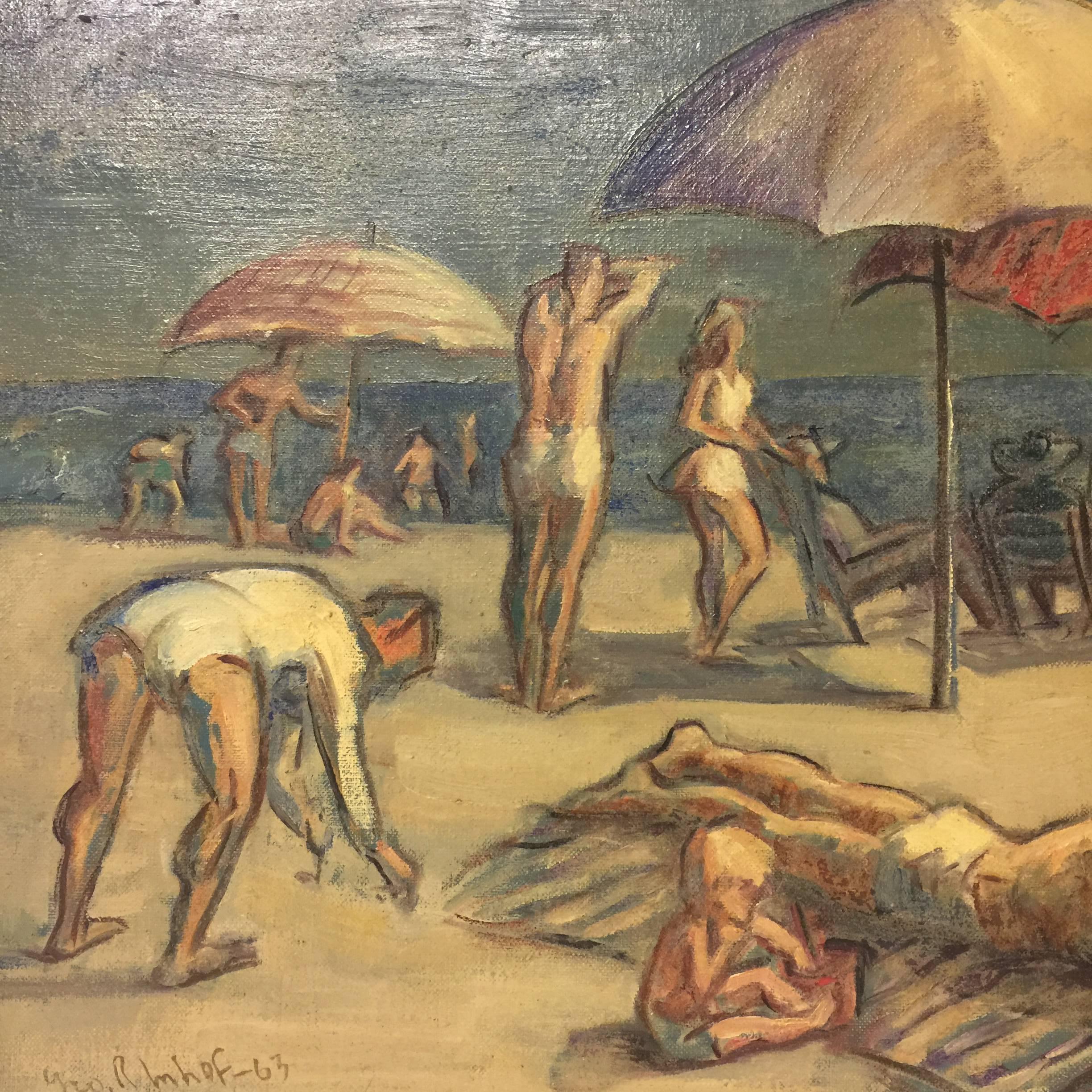 New Jersey Beach Scene Oil on Canvas Painting Signed Imfof, Modern Period Frame In Good Condition In New York, NY