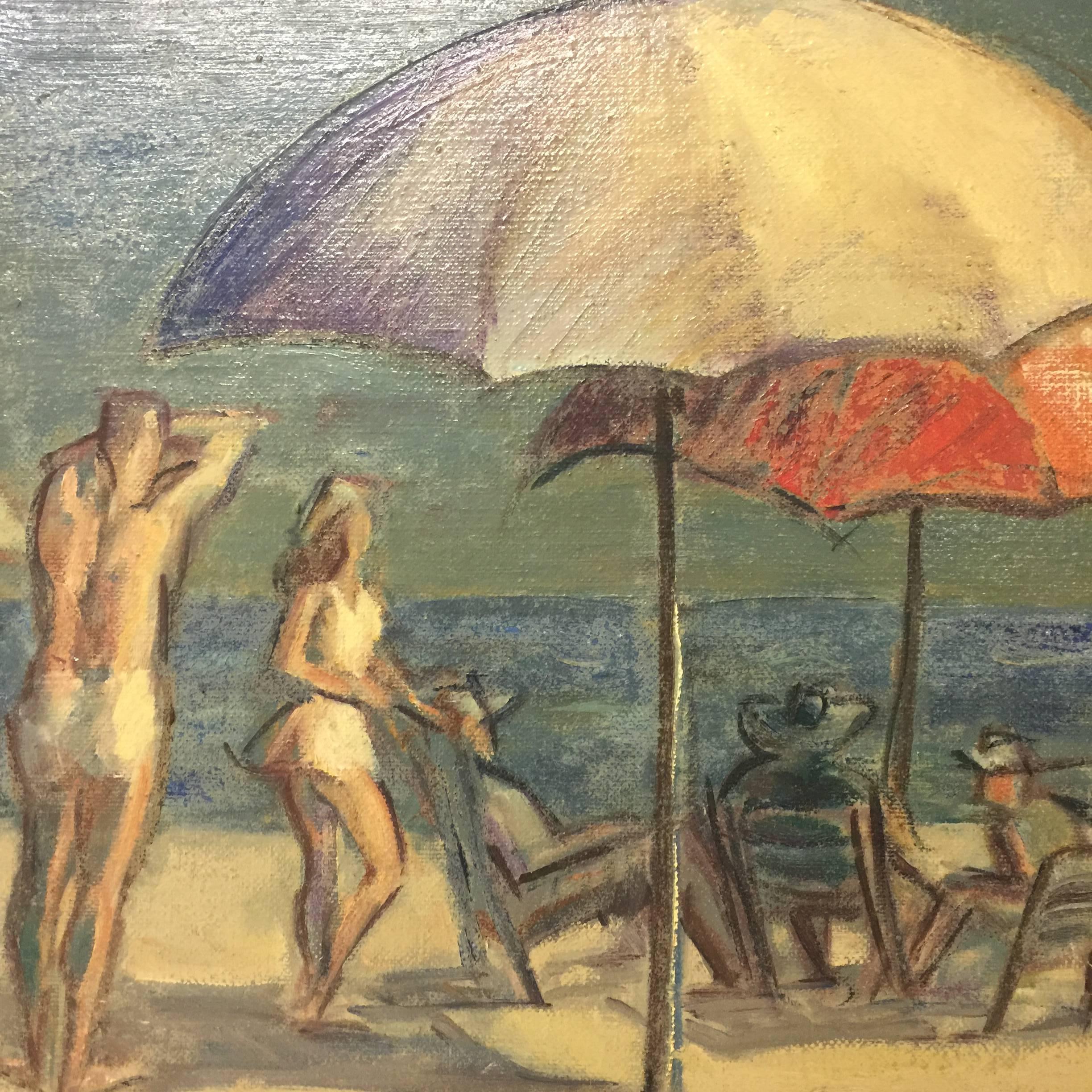 New Jersey Beach Scene Oil on Canvas Painting Signed Imfof, Modern Period Frame 4