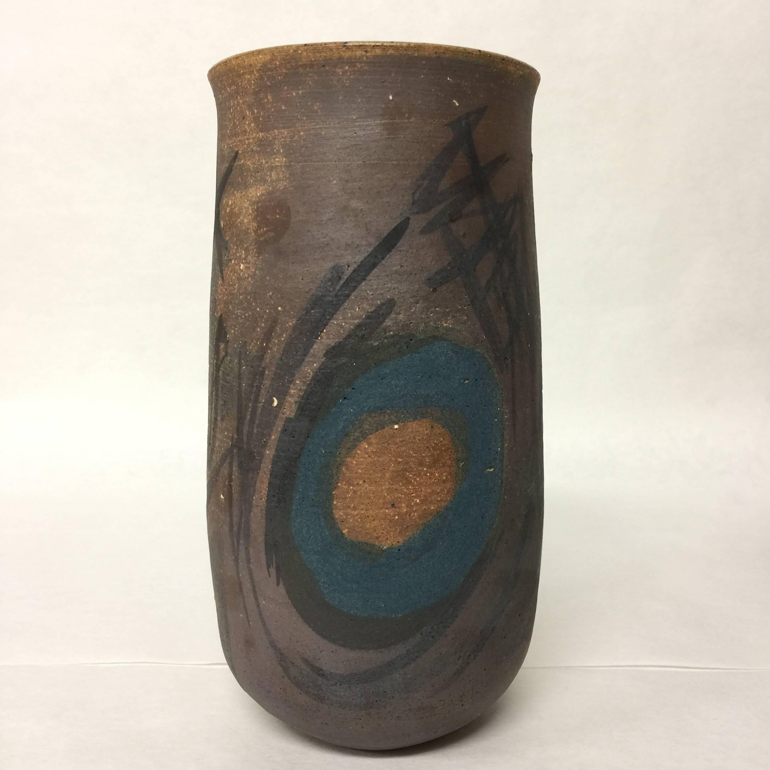 Glazed Assembled Collection of Abstract Painted Stoneware Pottery Vessels Matte Glaze