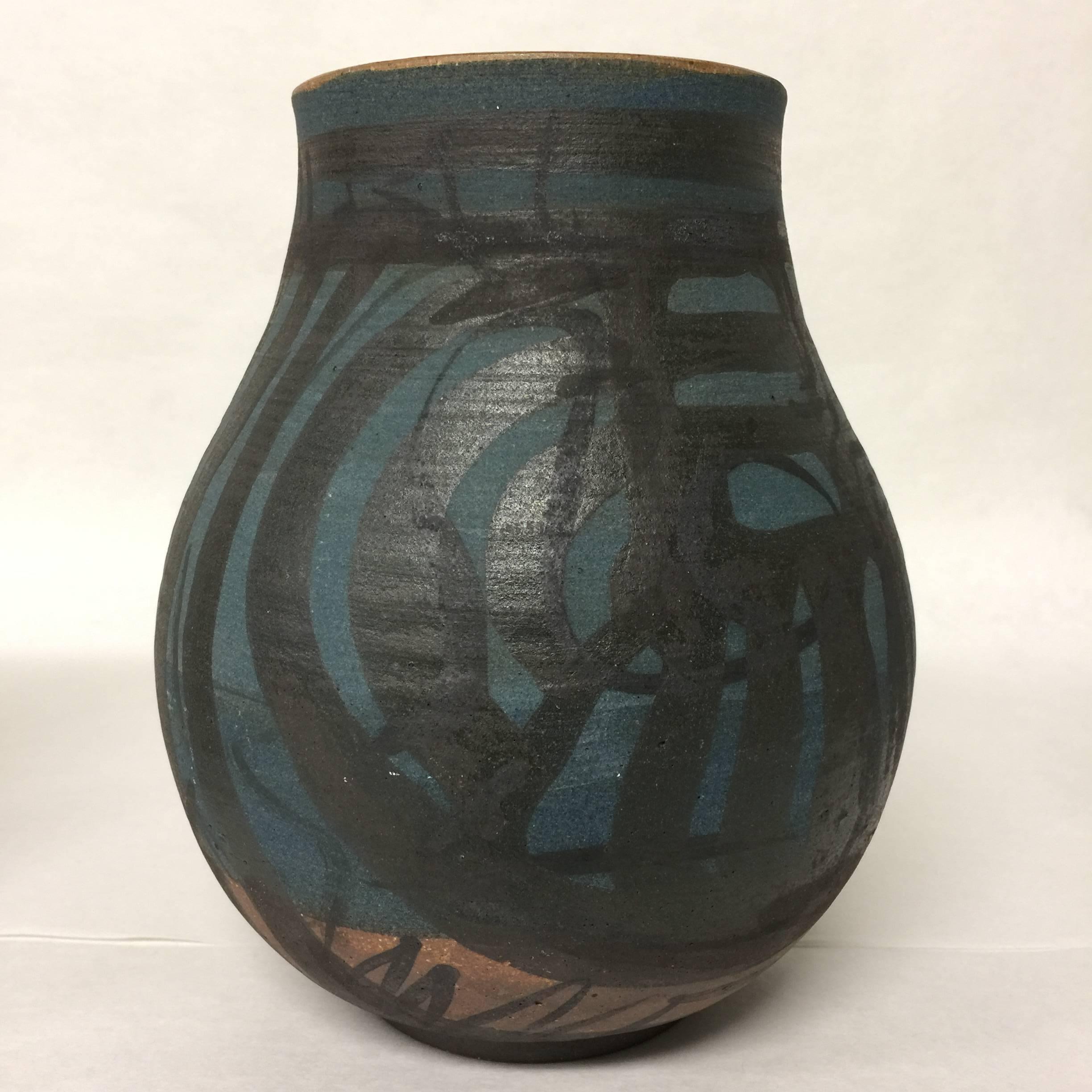 20th Century Assembled Collection of Abstract Painted Stoneware Pottery Vessels Matte Glaze