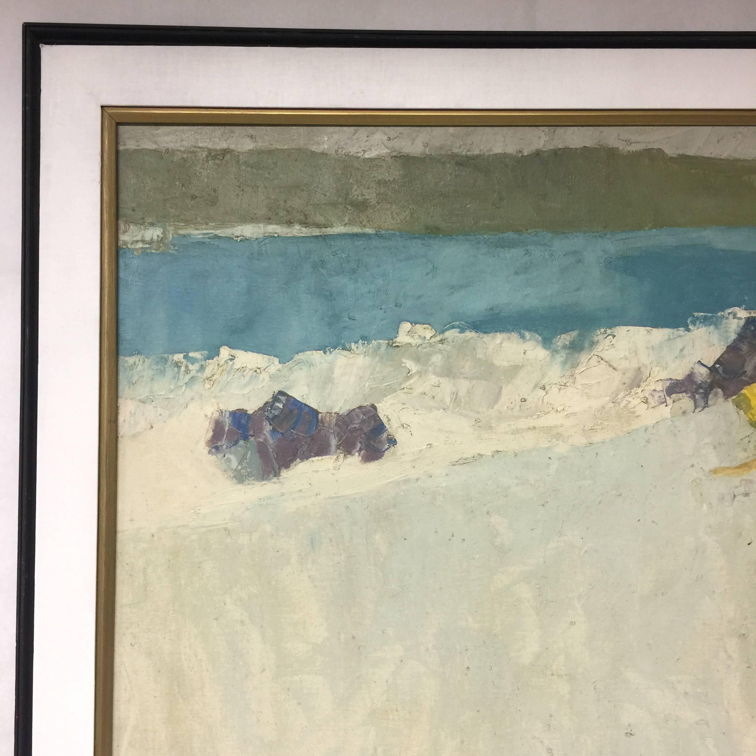 The perfect Modernist style beach scene by celebrated New York City artist George Barrel (Italo Botti). Mr. Barrel would sign his paintings as both Barrel and Botti throughout his long career as an artist. This oil on canvas painting is on a wood
