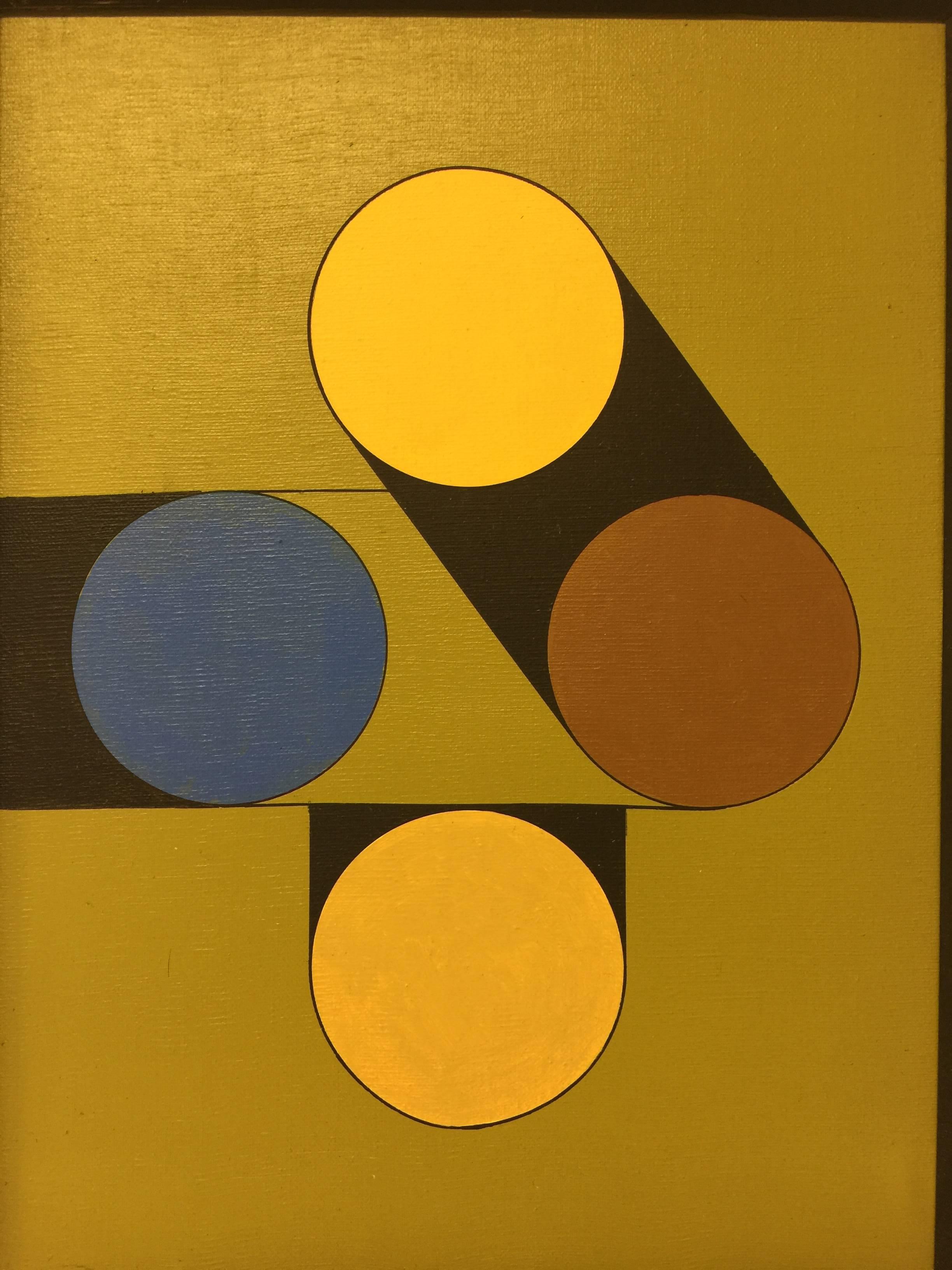 This is one of a collection of five vintage hard edge geometric abstraction paintings, dating to circa 1980s. Presented in the original wood frame. There are numbers and letters written verso on the stretcher which may be from the artist. The work