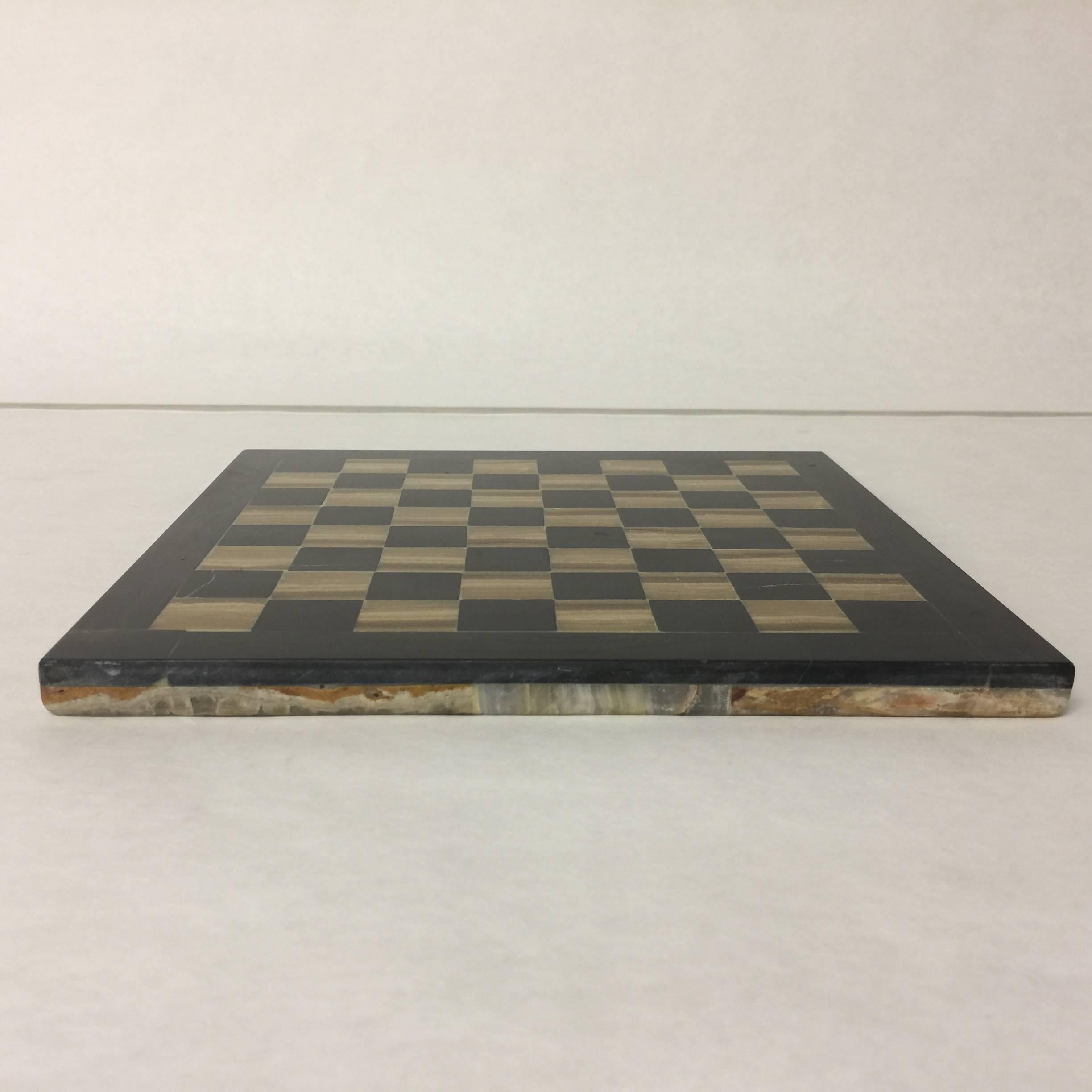 20th Century Diminutive Vintage Agate Chess or Checkers Board in Black and Gold, Pieced Side
