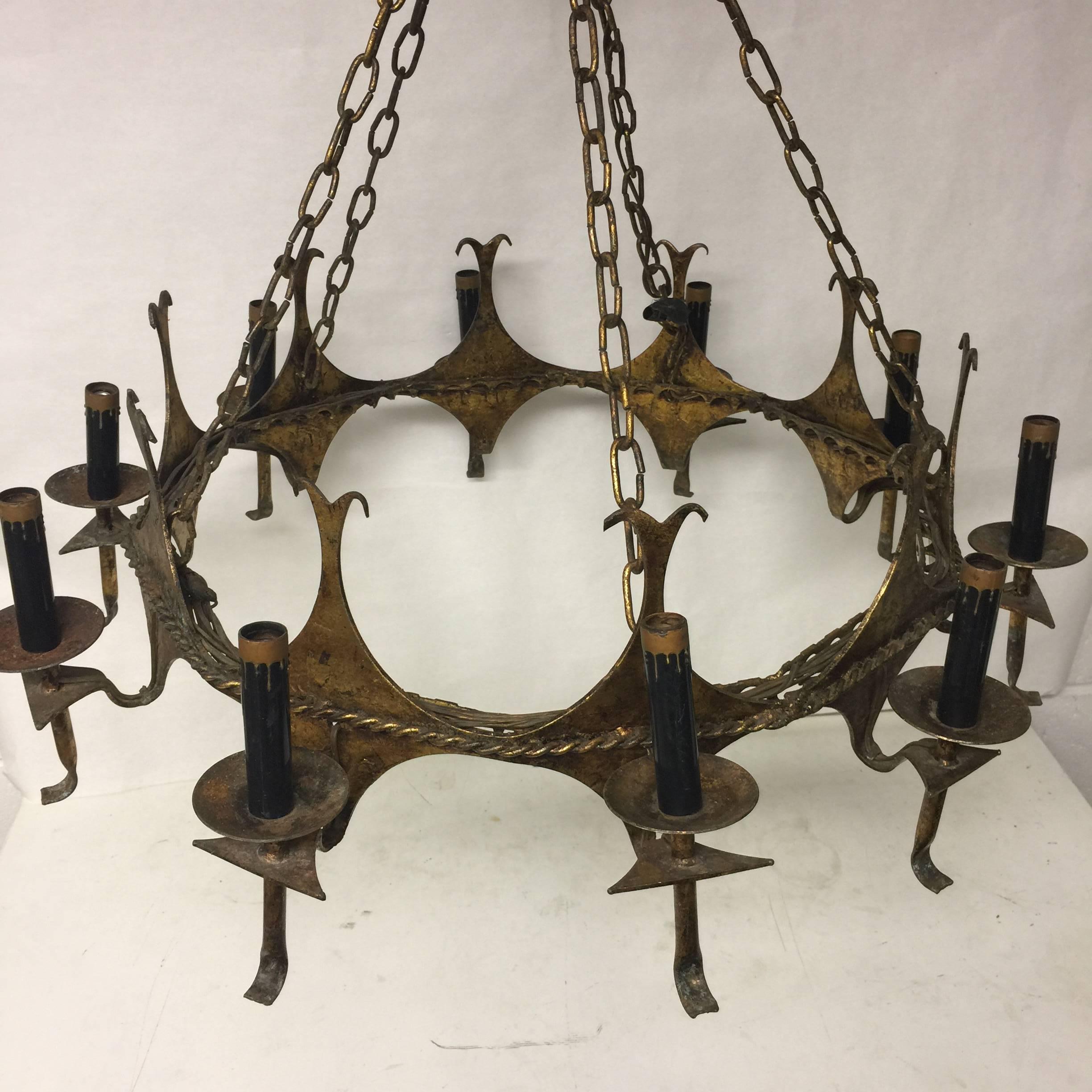 American Mid-20th Century Spanish Style Gilt Metal Ten-Light Chandelier with Rope Detail