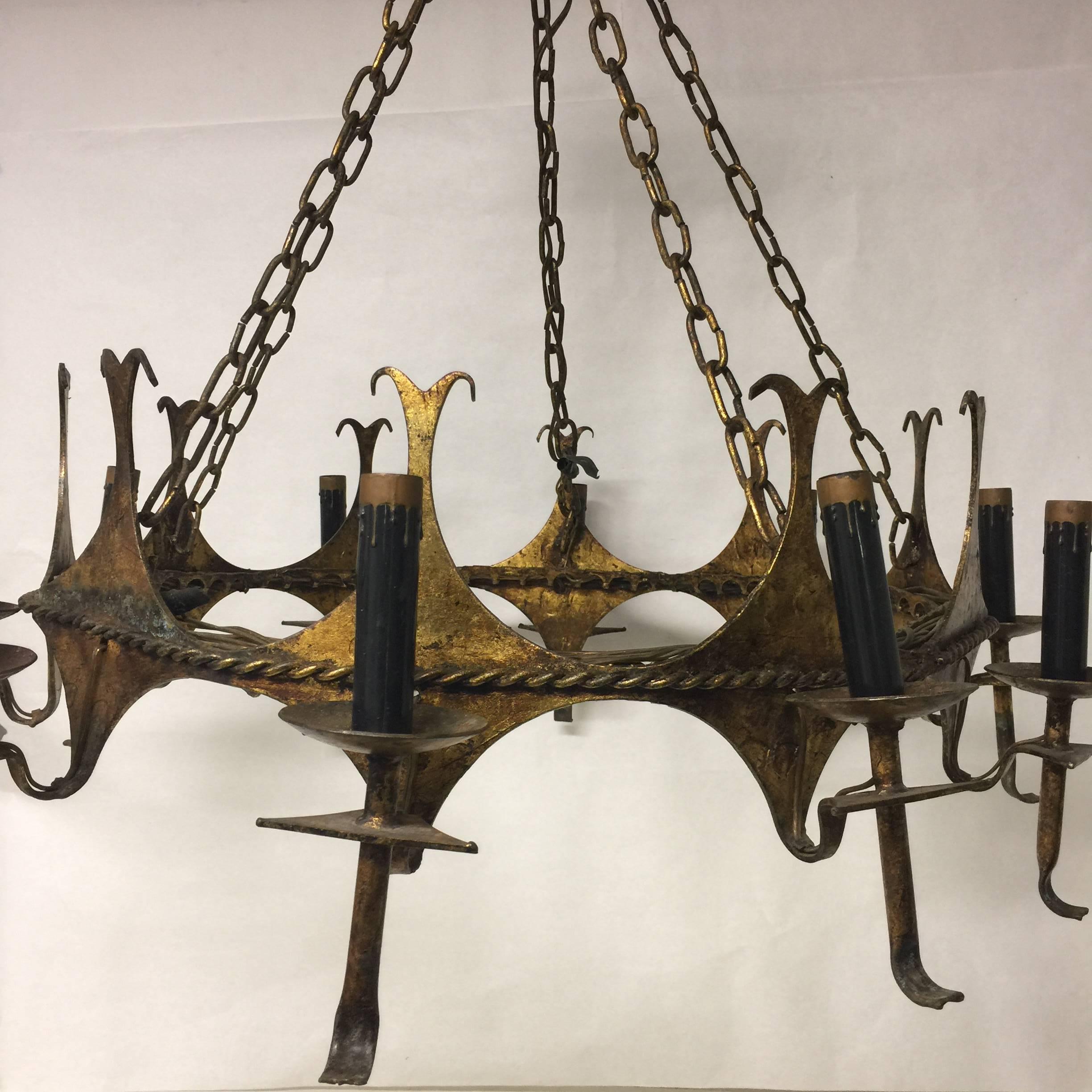 Mid-20th Century Spanish Style Gilt Metal Ten-Light Chandelier with Rope Detail 2