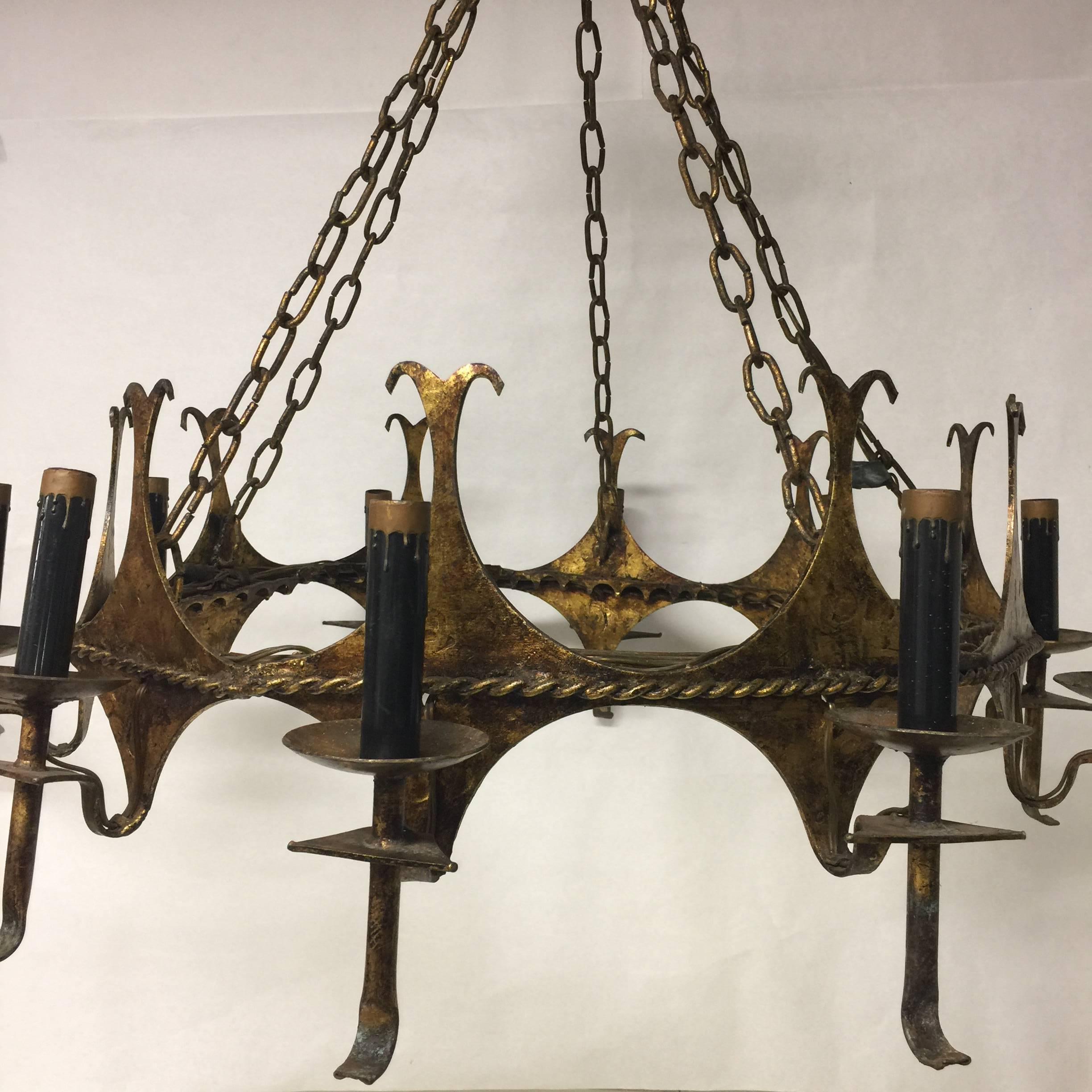 Mid-20th Century Spanish Style Gilt Metal Ten-Light Chandelier with Rope Detail 3