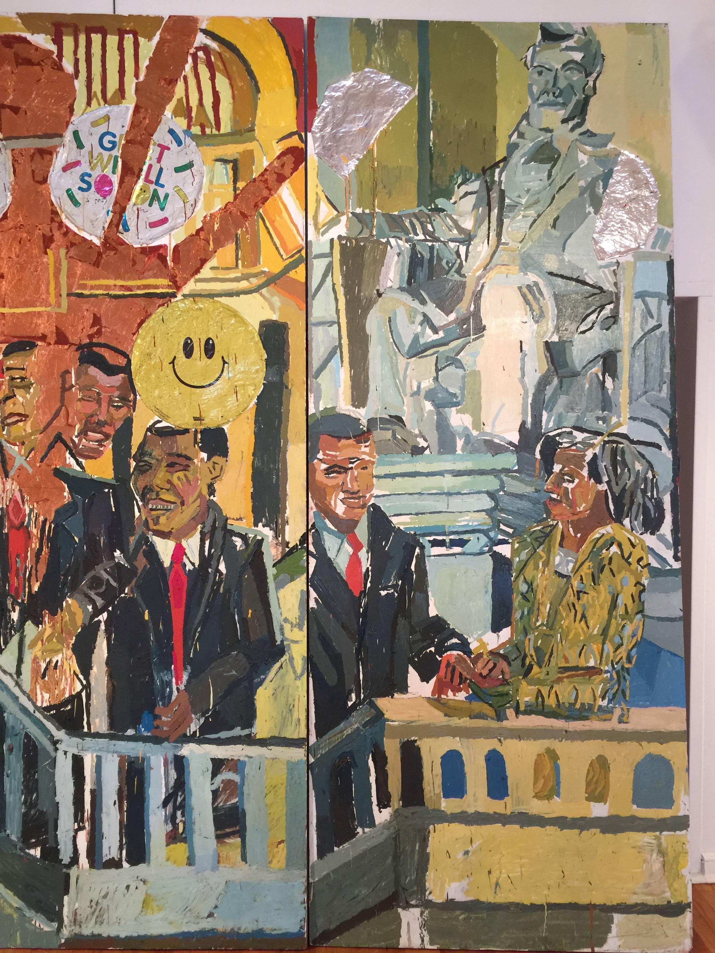 Painted Inauguration of President Barack Obama Triptych Painting by Clintel Steed, 2008 For Sale