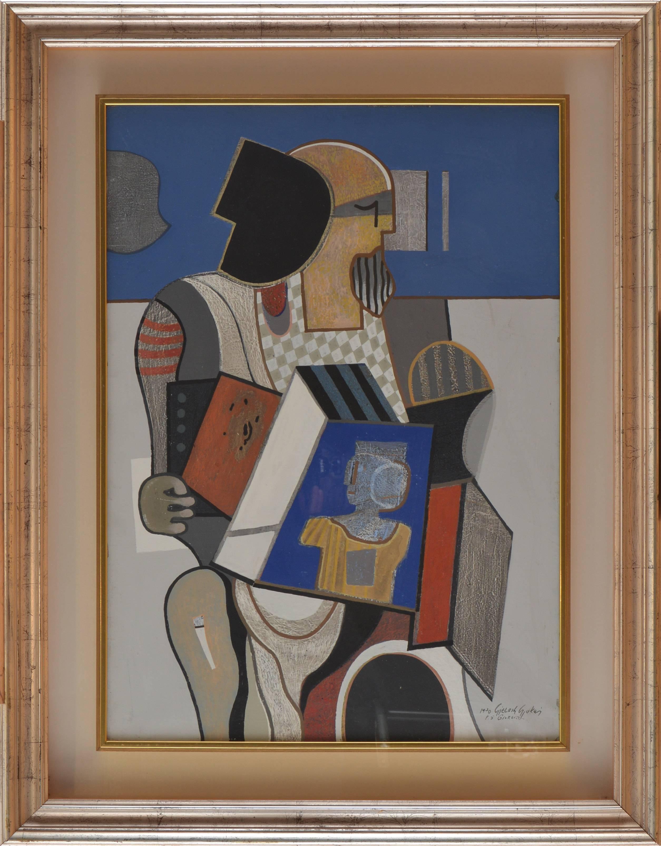 Gjelosh Gjokaj (1933), moderne Komposition im Stil von Picasso (sie waren befreundet), die starke grafische Elemente aufweist, in denen Grau, Gelb, Rot und Blau dominieren, sowie surrealistische und metaphysische Ausdrucksformen. Gemischte Medien
