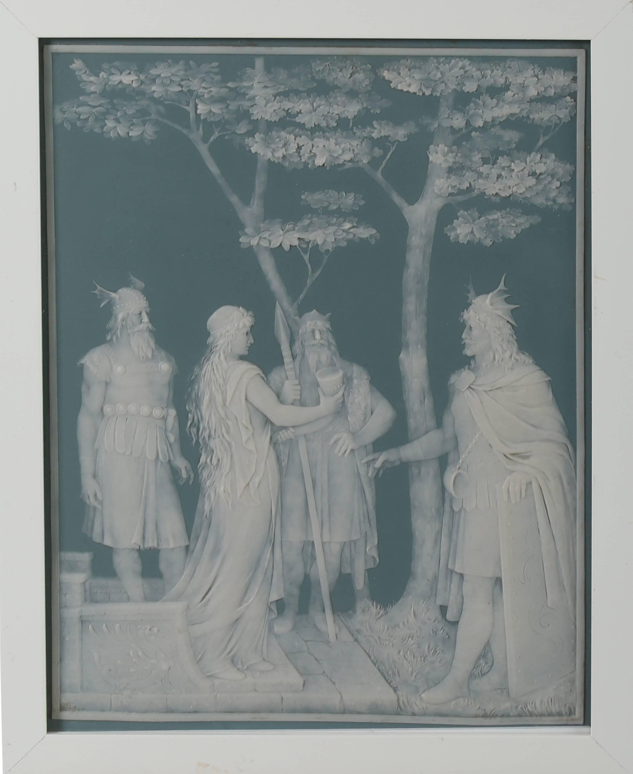 Two beautiful individual Phanolith plaques made in Mettlach, Germany by Villeroy and Boch. Design by Johan Baptiste Stahl. The white and green cameo plaque on the left is of Norse Gods (Scene from opera Lohengrin), signed Stahl on the front and