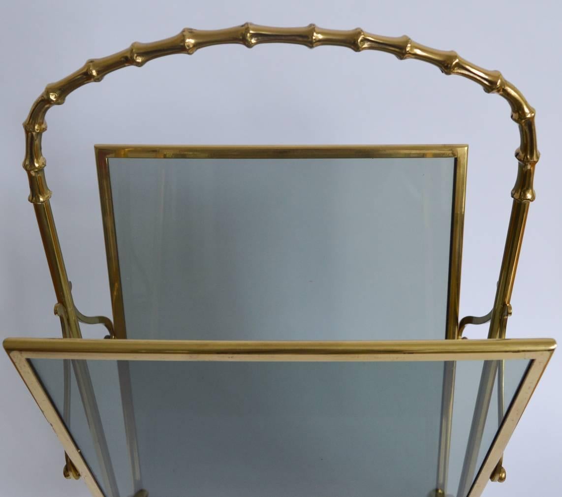 Hollywood Regency Maison Baguès Brass and Glass Faux Bamboo Magazine Rack For Sale