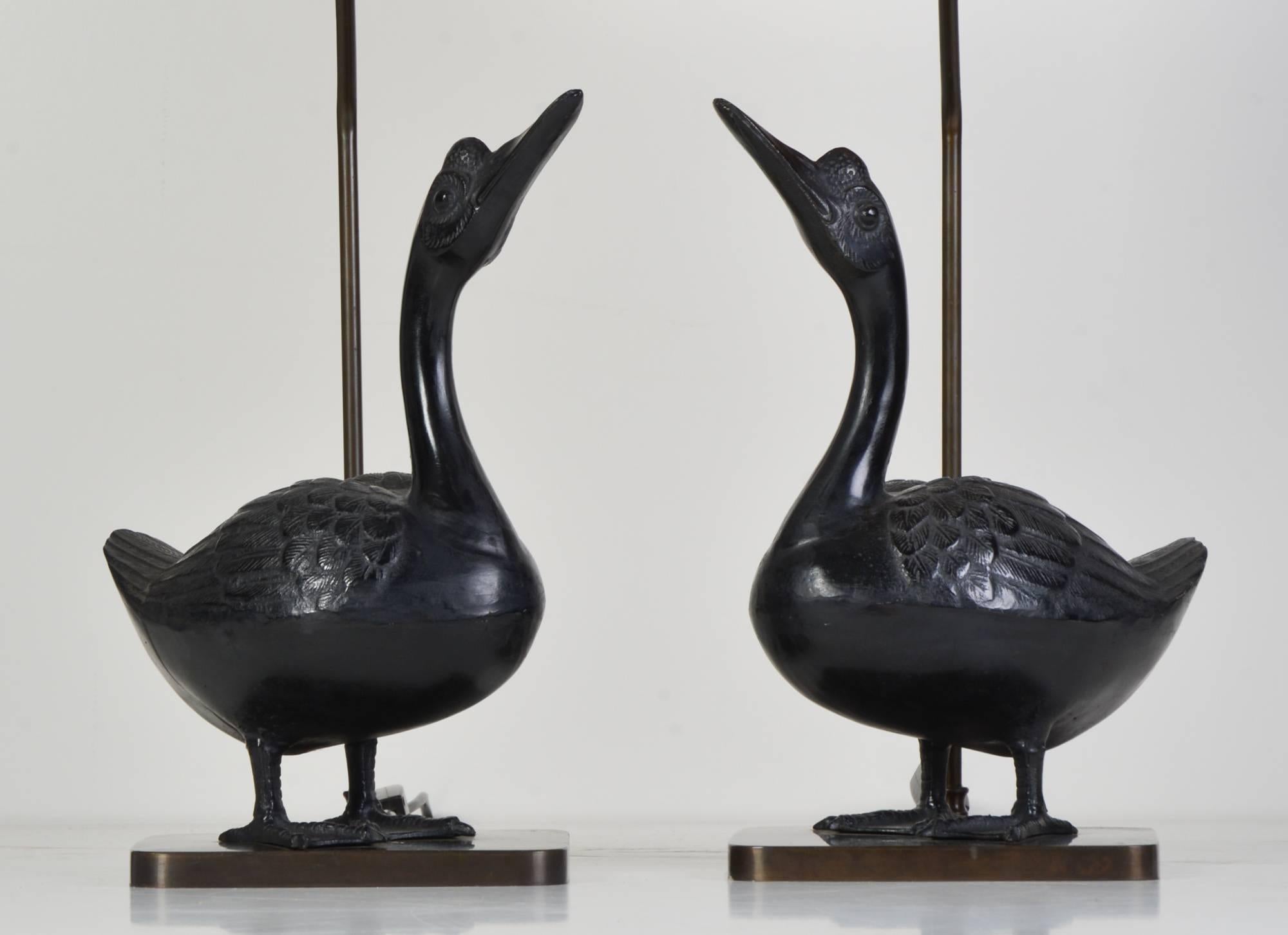 Chinoiserie Pair of Vintage Chinese Bronze Goose Table Lamps For Sale