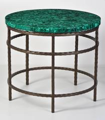 Pair of Malachite Circular Side Tables on Bronze Frames