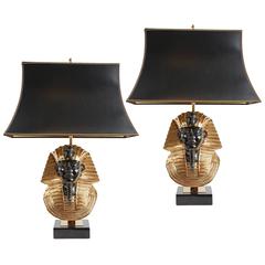 Pair of Egyptian Pharaoh Head Table Lamps by Maison Jansen for Deknudt