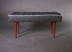 Plaid and Black Denim Upholstered Bench with Midcentury Legs