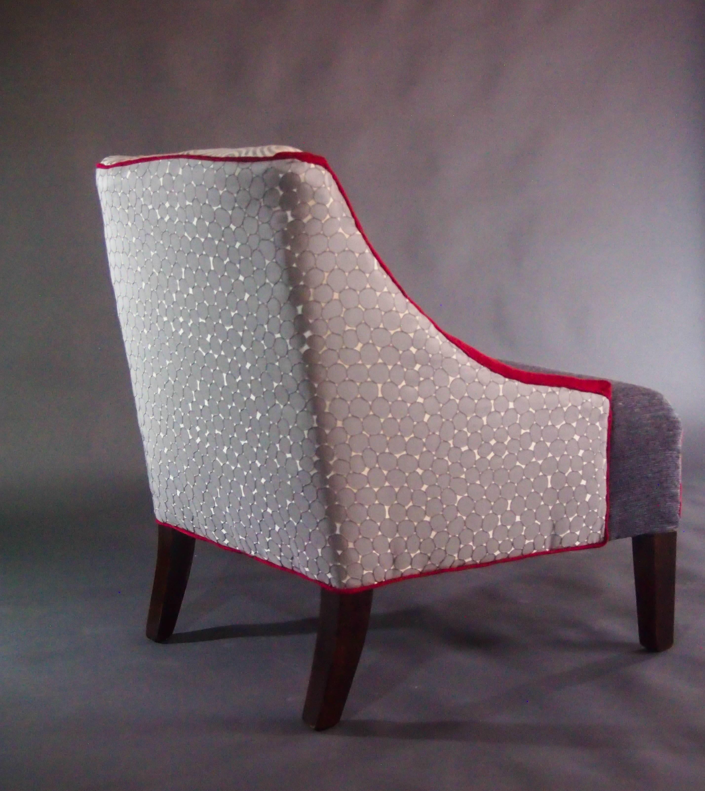 Upholstery Mid-Century Lounge Chair in Hollywood Regency Style in Gray, White, Red-in stock For Sale