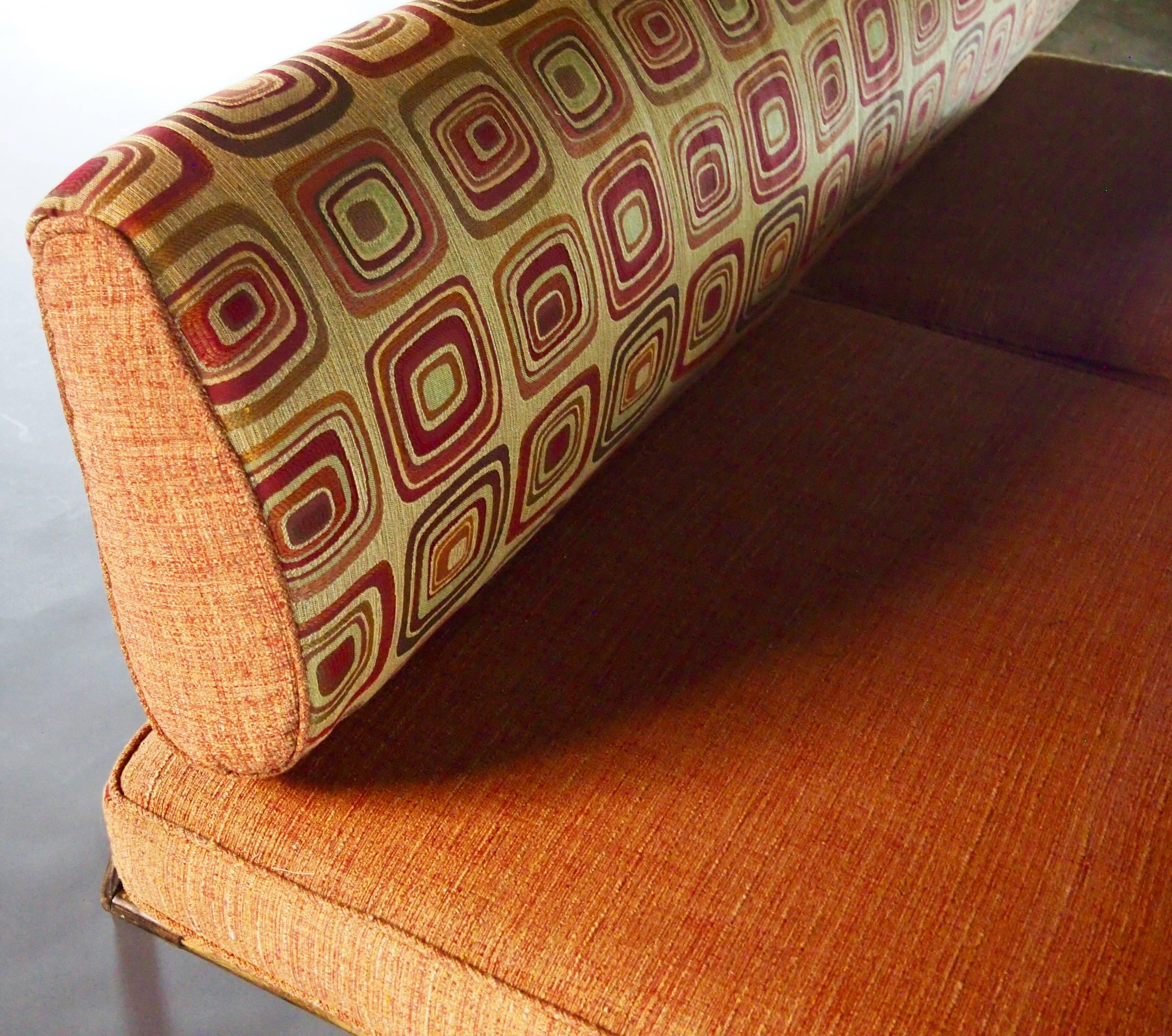 Mid-Century Modern Mid-Century Slipper Sofa in Burnt Orange Tweed and Classic 60's Pattern-in stock